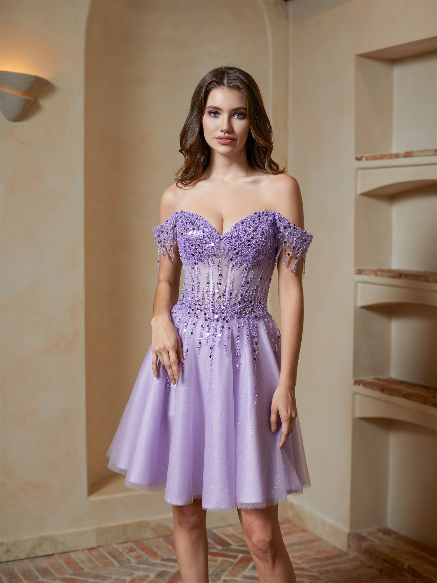 A-line Off Shoulder Lace Appliques Sparkly Sequin Tulle Homecoming Dress #HC2401169