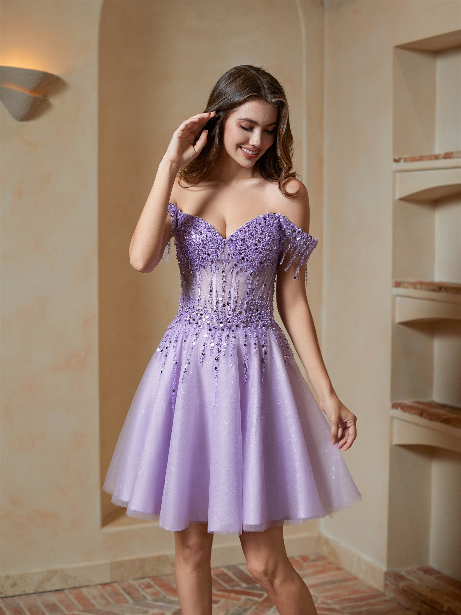 A-line Off Shoulder Lace Appliques Sparkly Sequin Tulle Homecoming Dress #HC2401169