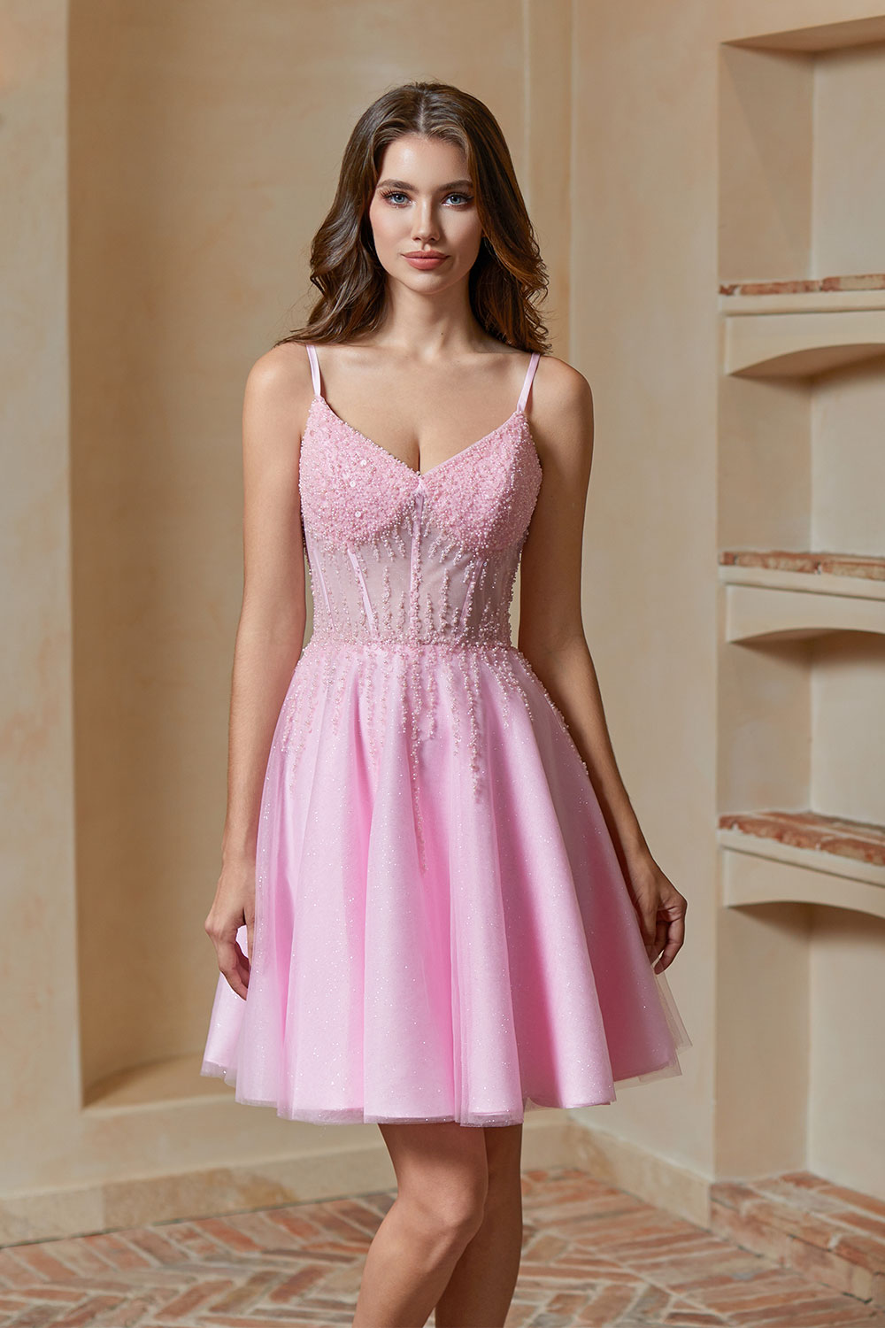 A-line V-Neck Sparkly Tulle Lace Appliques Homecoming Dress #HC2401738