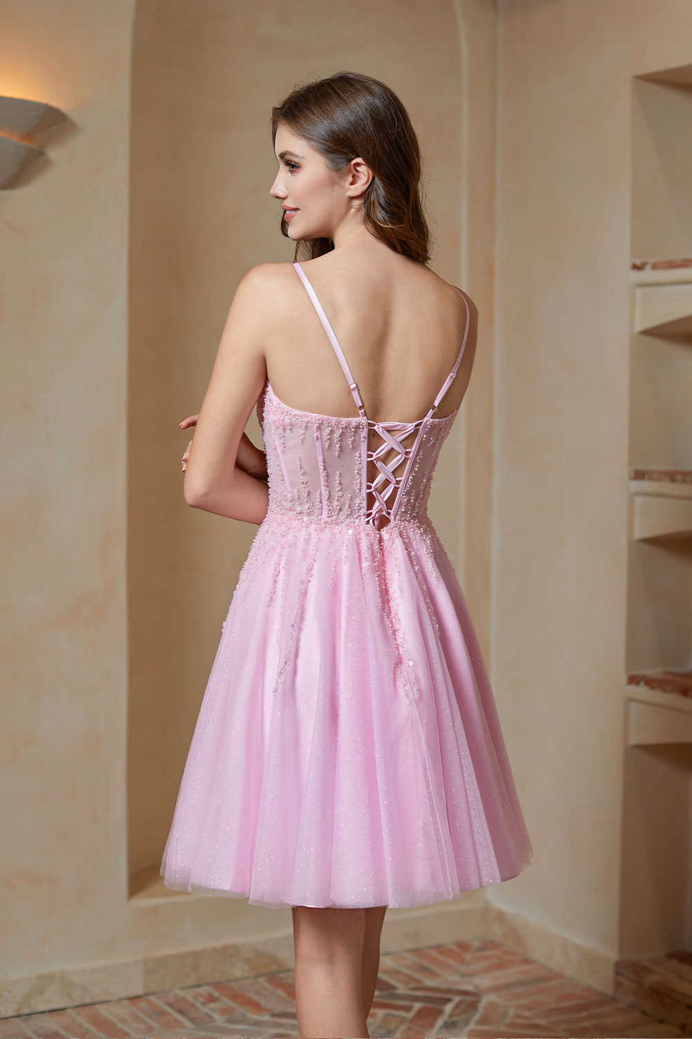 A-line V-Neck Sparkly Tulle Lace Appliques Homecoming Dress #HC2401738