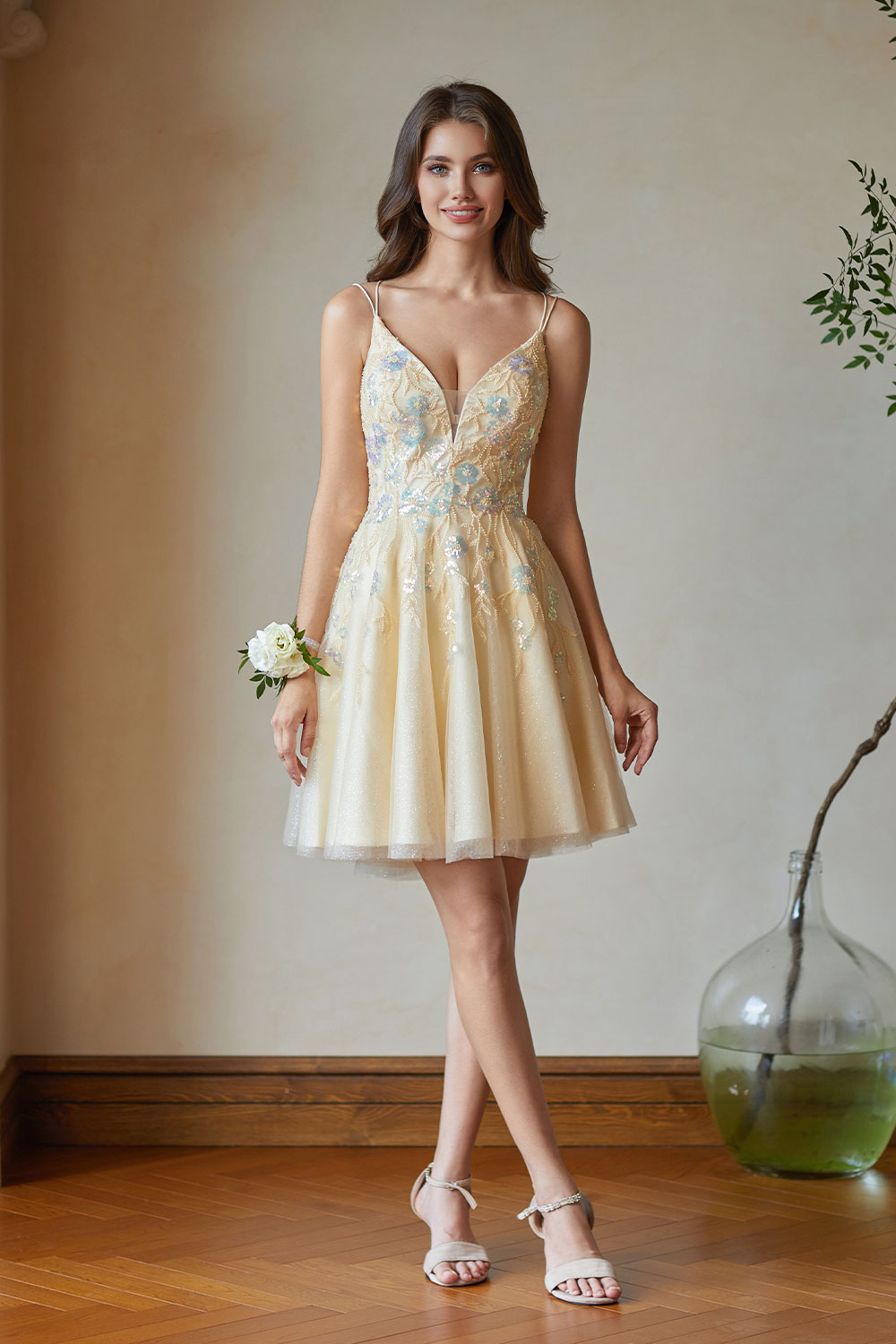 A-line V-Neck Tulle Beaded Lace Appliques Cocktail Homecoming Dress #HC2402602