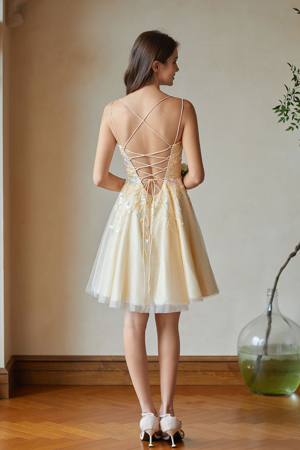 A-line V-Neck Tulle Beaded Lace Appliques Cocktail Homecoming Dress #HC2402602
