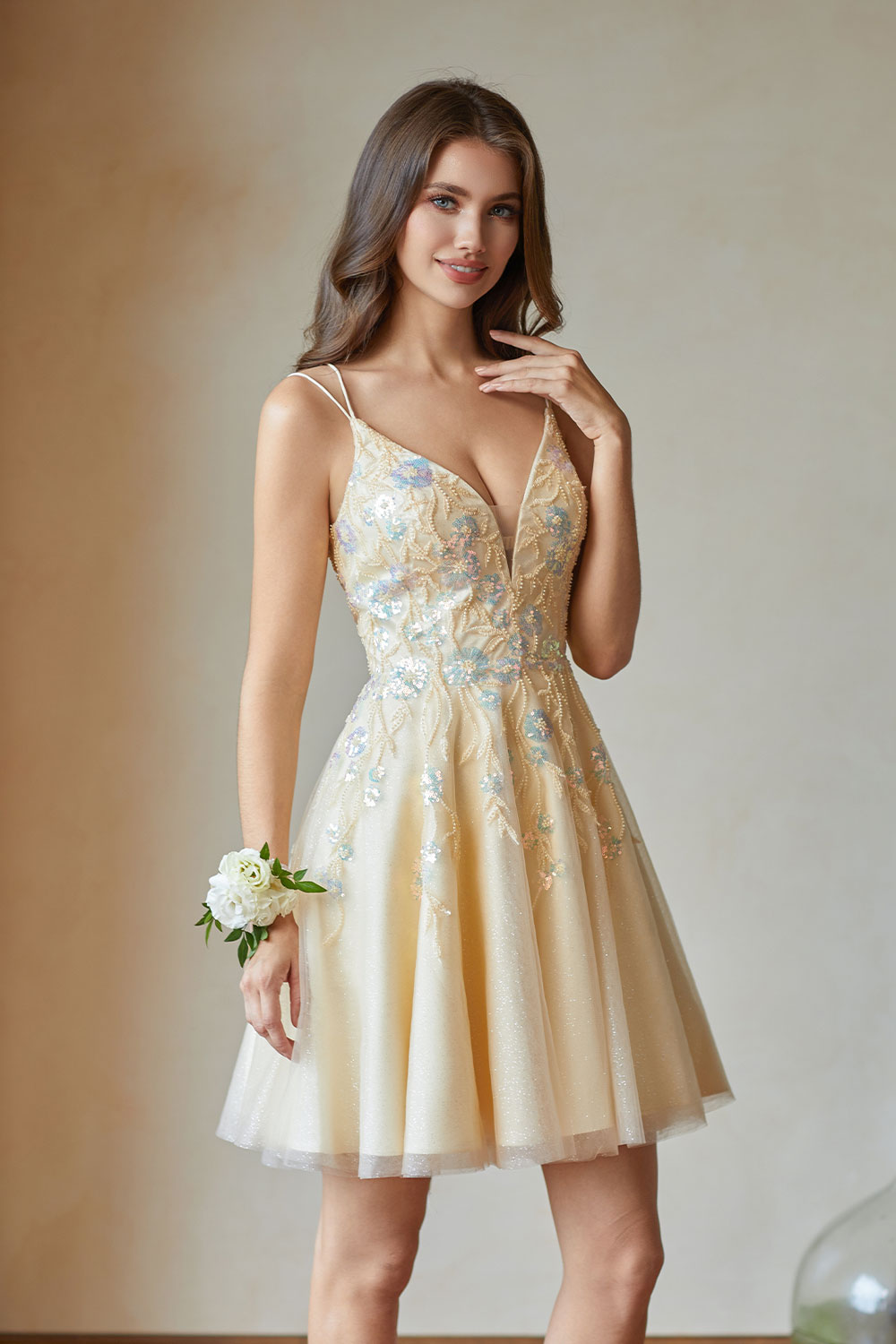 A-line V-Neck Tulle Beaded Lace Appliques Cocktail Homecoming Dress #HC2402602