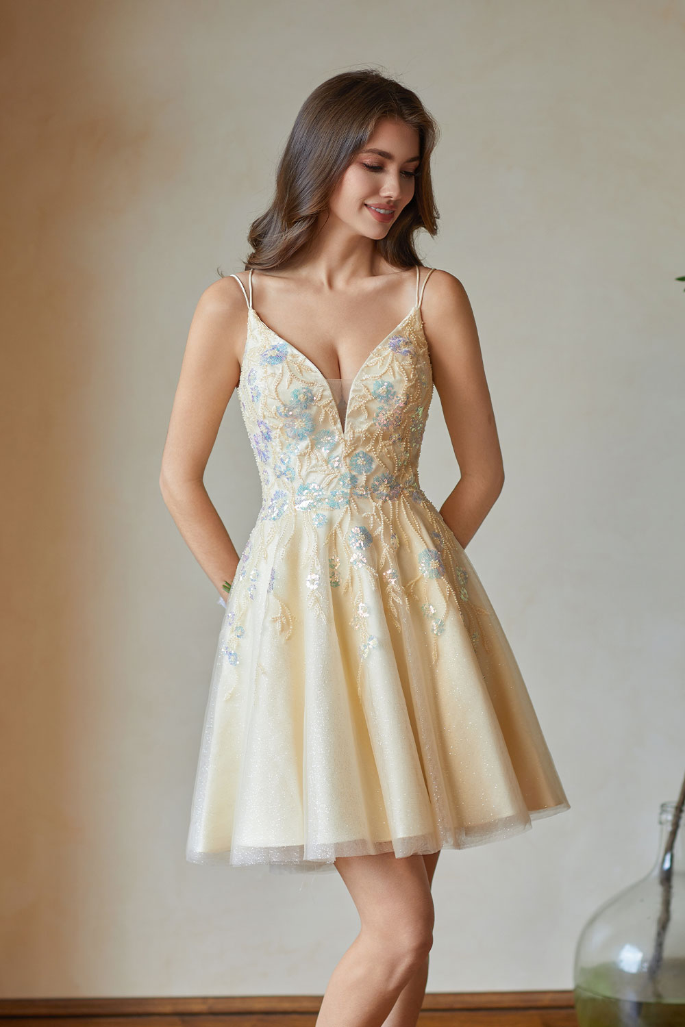 A-line V-Neck Tulle Beaded Lace Appliques Cocktail Homecoming Dress #HC2402602