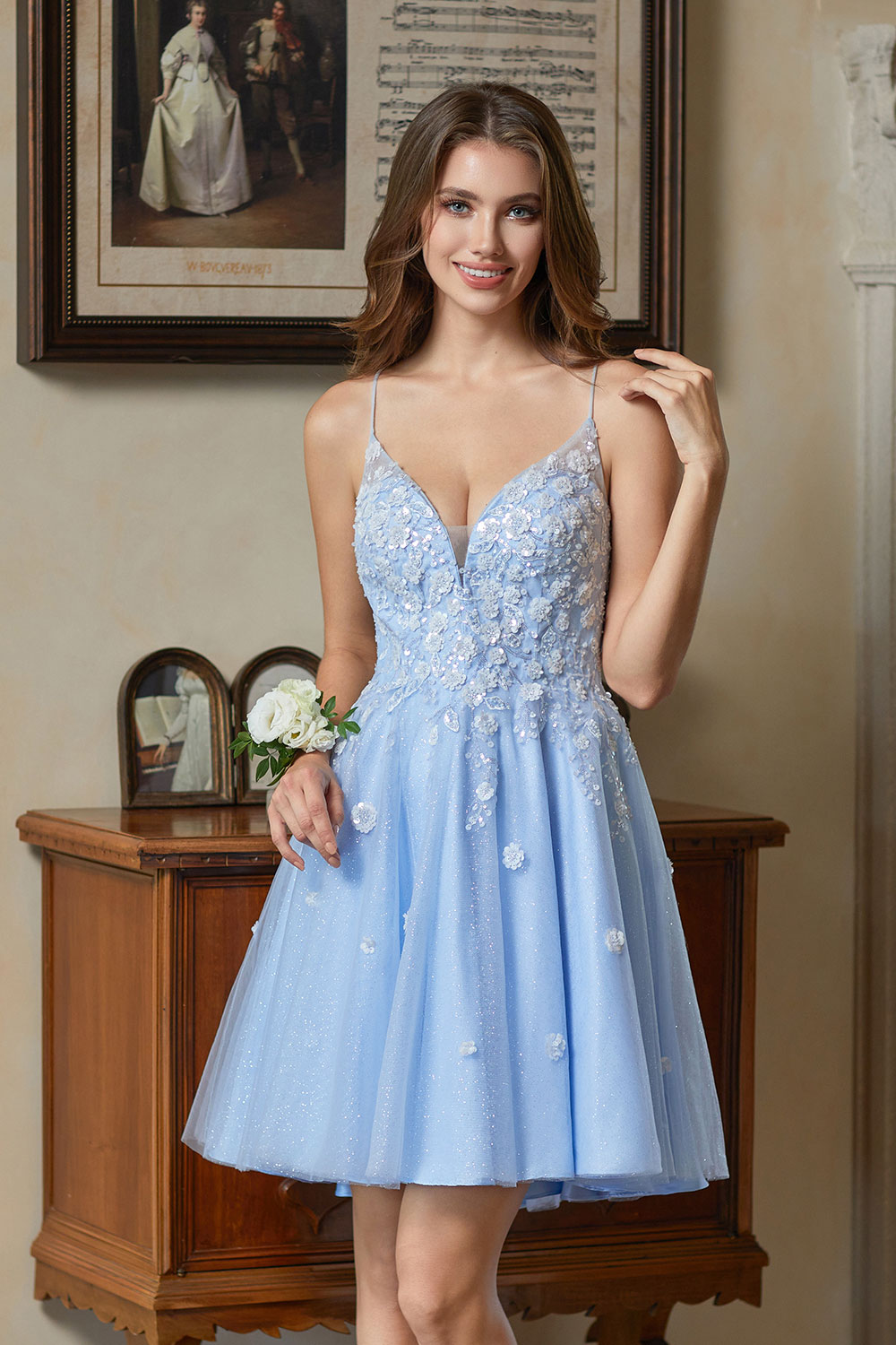 V-Neck Sspaghetti Strap Sparkly Lace Sequin Short Tulle Homecoming Dress #HC2604021