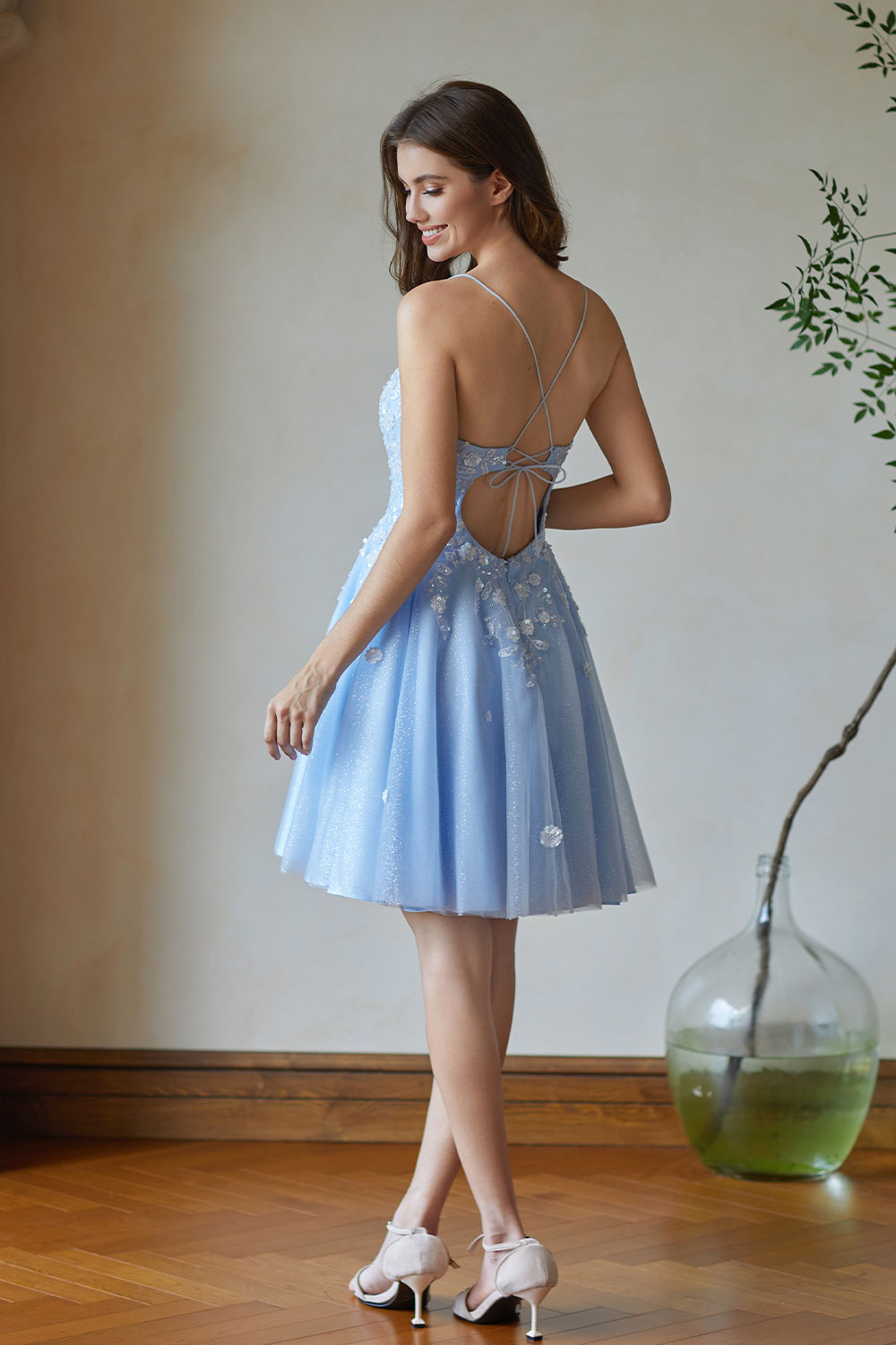 V-Neck Sspaghetti Strap Sparkly Lace Sequin Short Tulle Homecoming Dress #HC2604021
