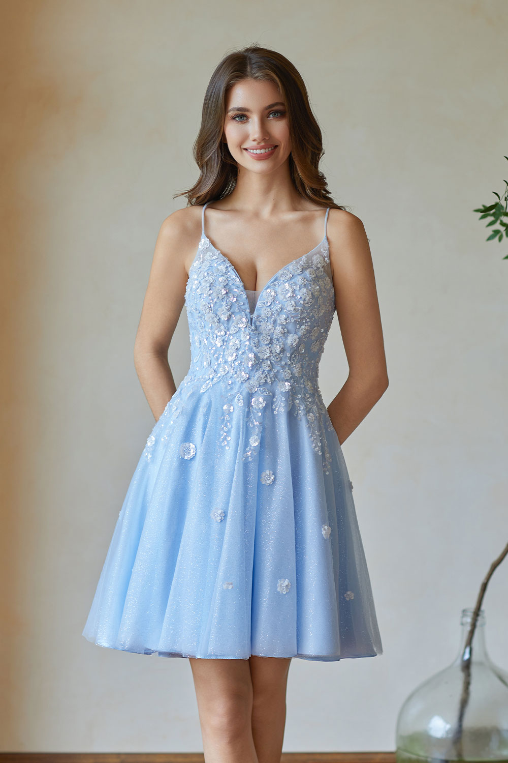V-Neck Sspaghetti Strap Sparkly Lace Sequin Short Tulle Homecoming Dress #HC2604021