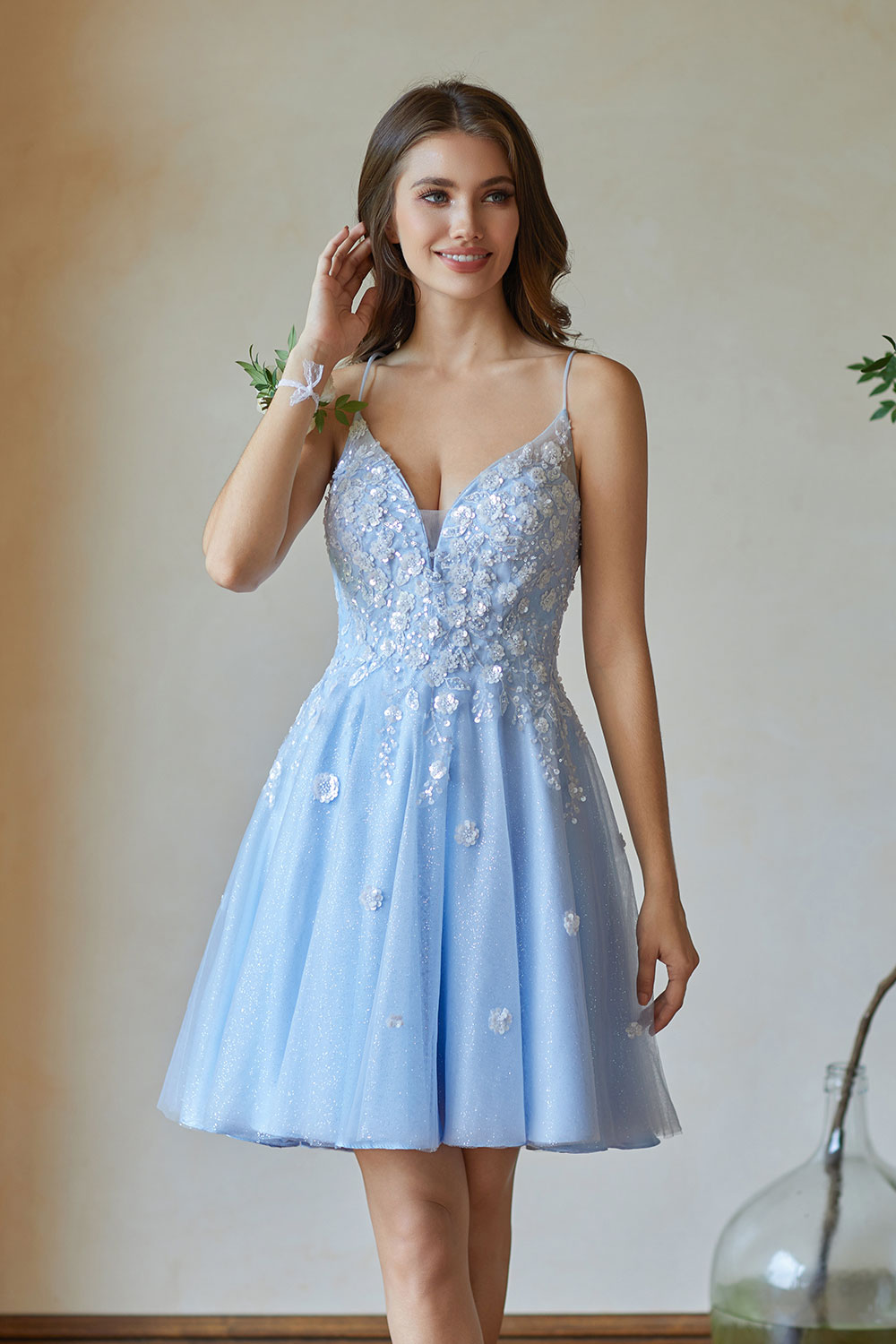 V-Neck Sspaghetti Strap Sparkly Lace Sequin Short Tulle Homecoming Dress #HC2604021