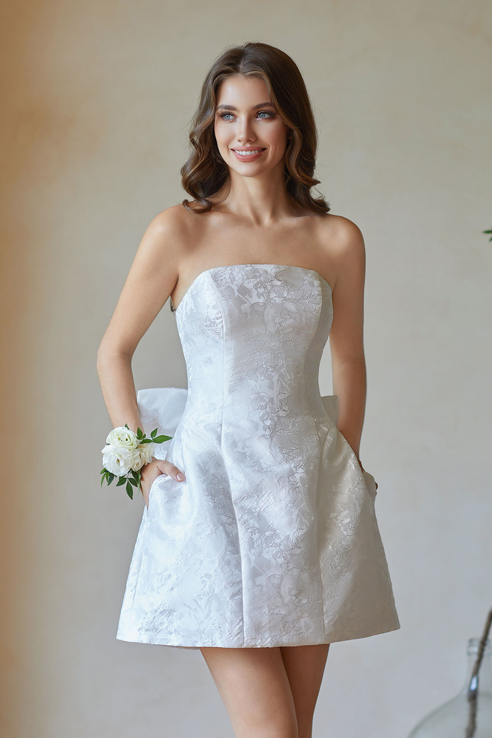 Jacquard Satin Mini Short Party Cocktail Prom Homecoming Dress with Bow Back #HC2401770