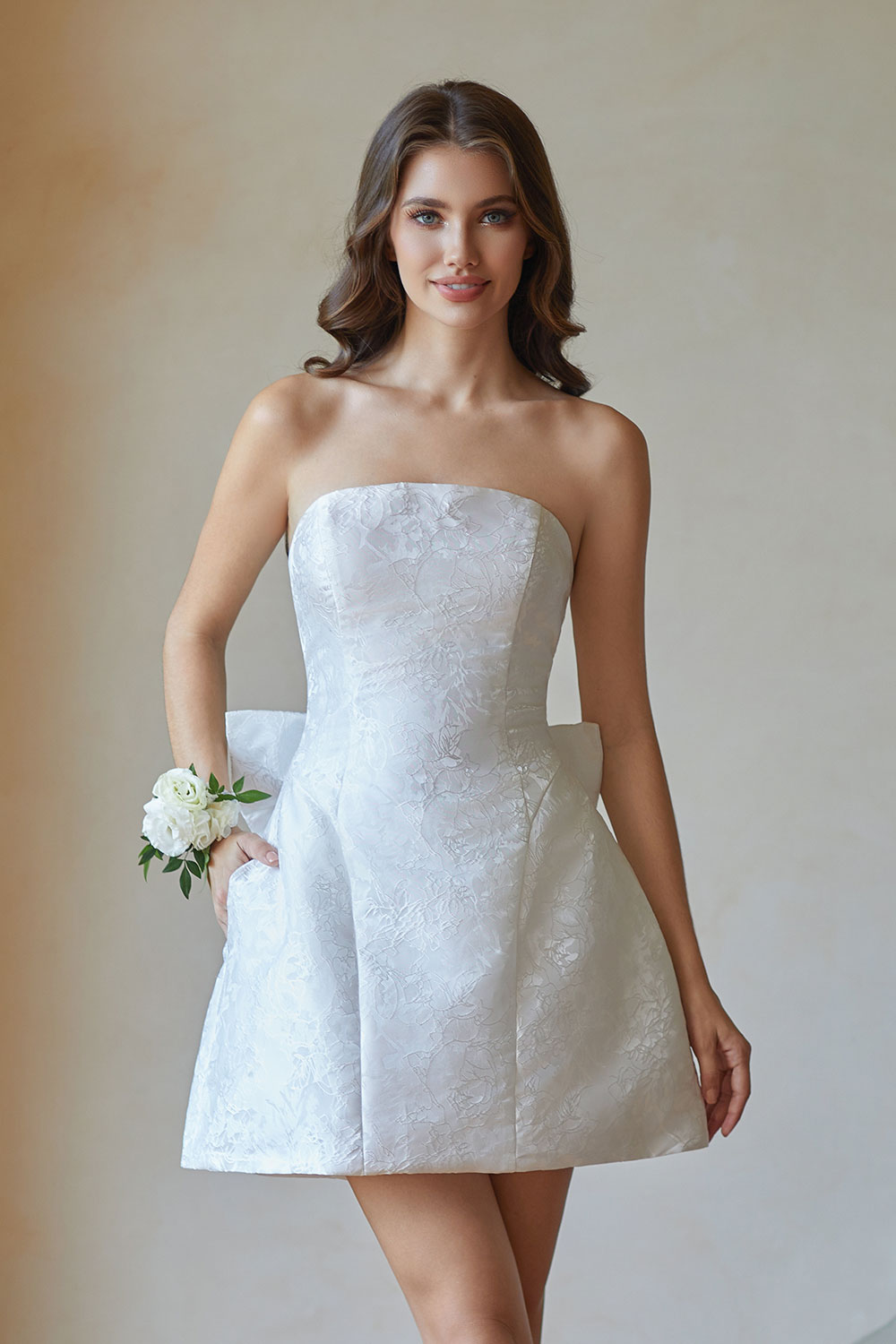 Jacquard Satin Mini Short Party Cocktail Prom Homecoming Dress with Bow Back #HC2401770