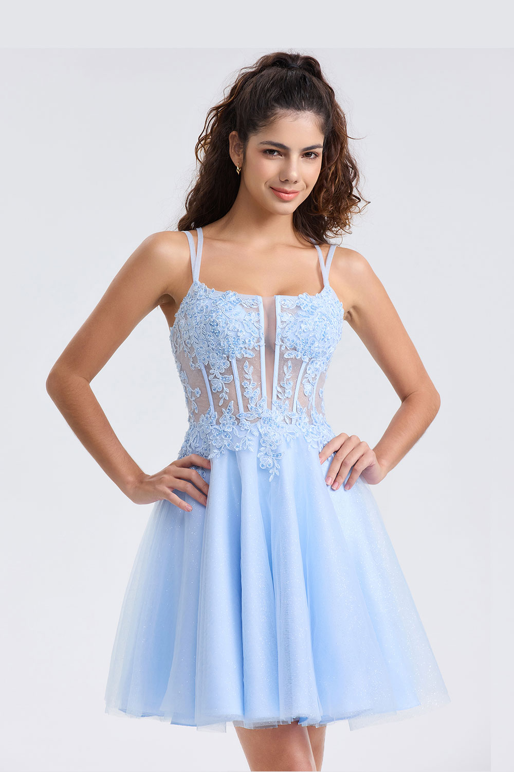 A-line Spaghetti Strap Tulle Lace Appliques Cocktail Homecoming Dress #HC2402129