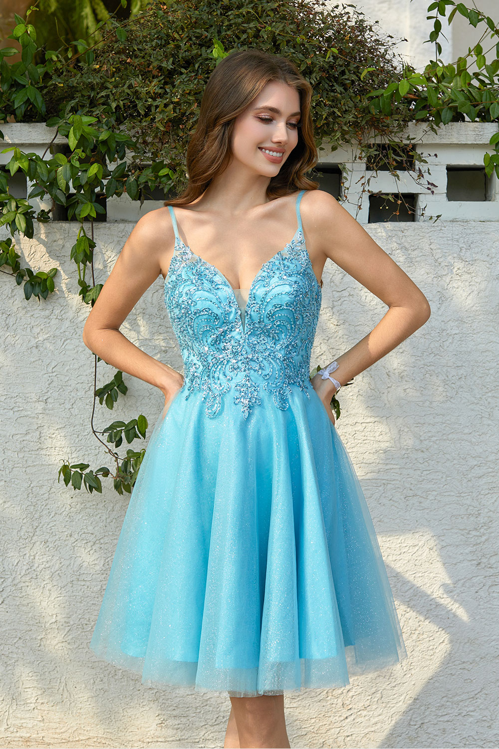 A-line V-neck Spaghetti Strap Sparkly Beaded Tulle Homecoming Dress #HC2401940