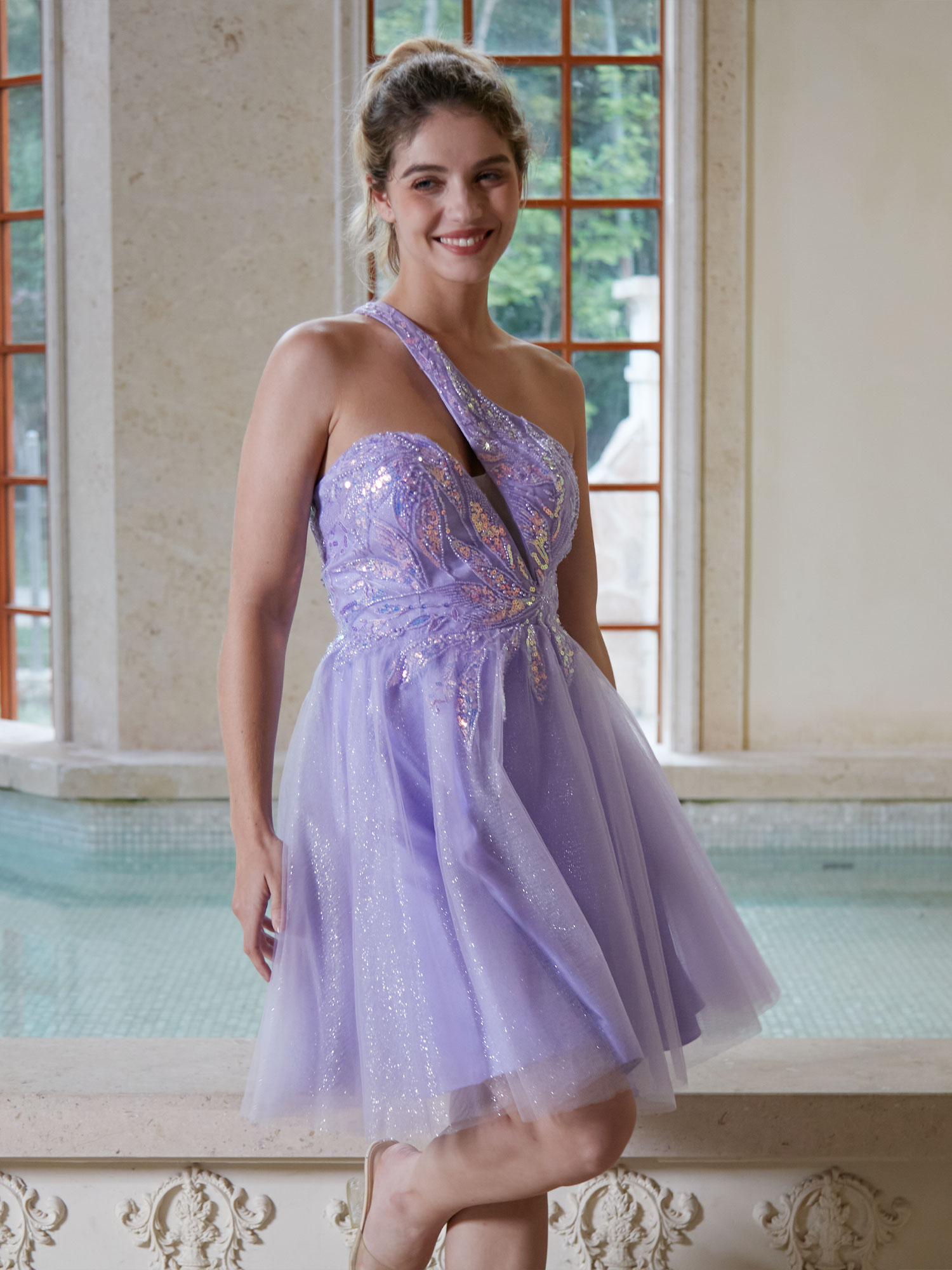 A-line One Shoulder Sequin Lace Beaded Cocktail Party Homecoming Dress #HC2604029