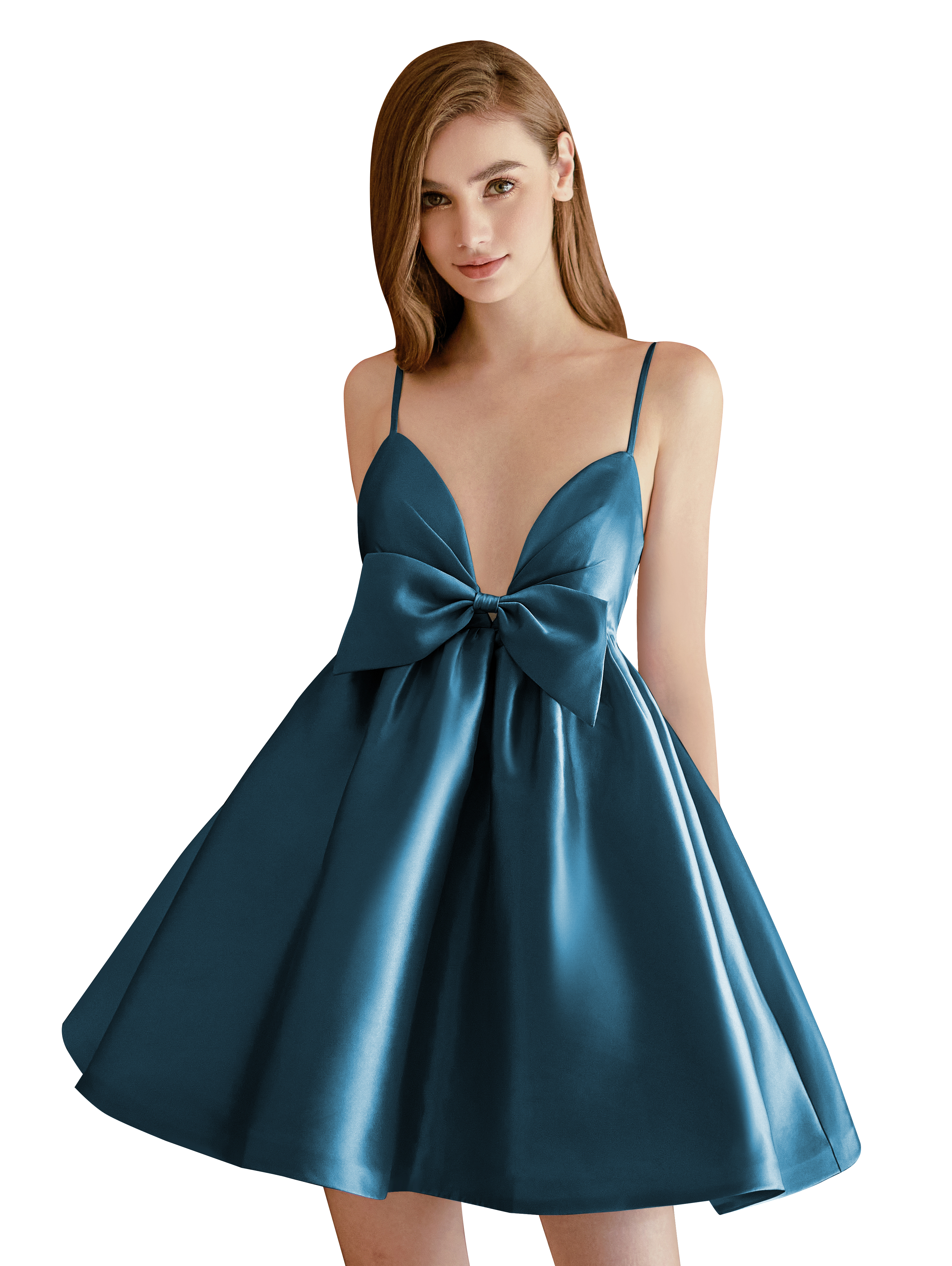 A-line V-neck Spaghetti Strap Satin Cocktail Party Homecoming Dress with Bows #HC2604024