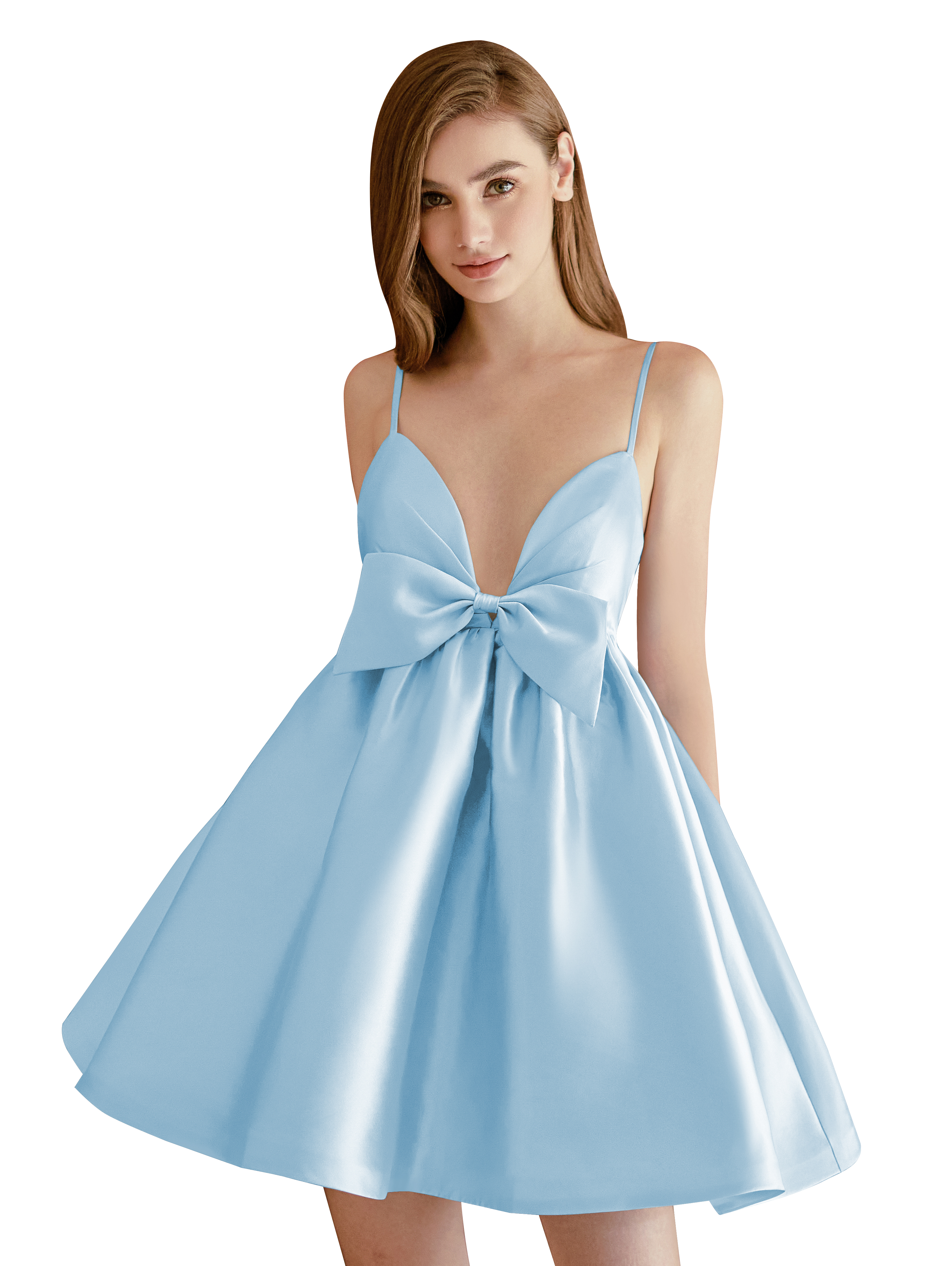 A-line V-neck Spaghetti Strap Satin Cocktail Party Homecoming Dress with Bows #HC2604024