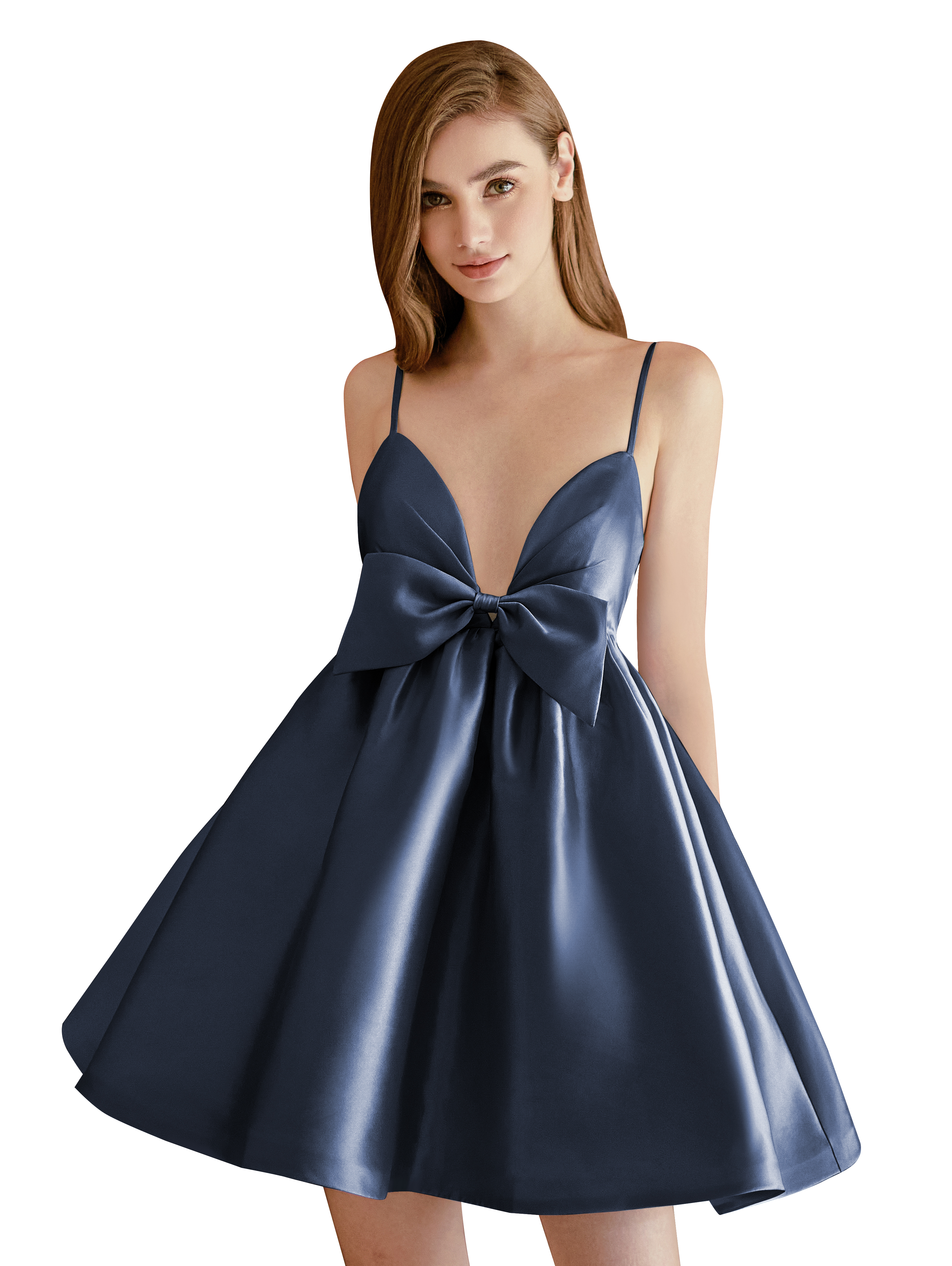 A-line V-neck Spaghetti Strap Satin Cocktail Party Homecoming Dress with Bows #HC2604024