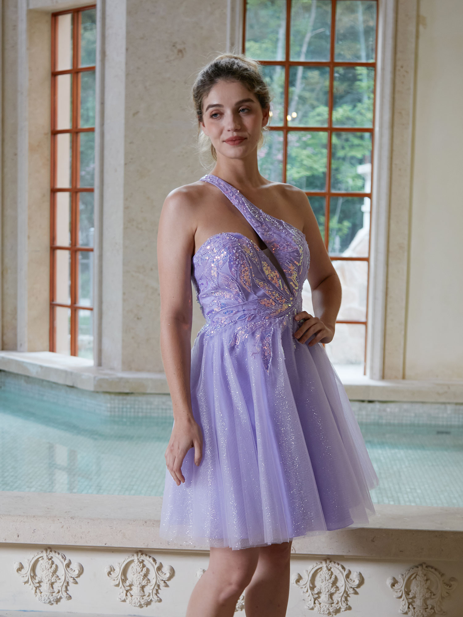A-line One Shoulder Sequin Lace Beaded Cocktail Party Homecoming Dress #HC2604029