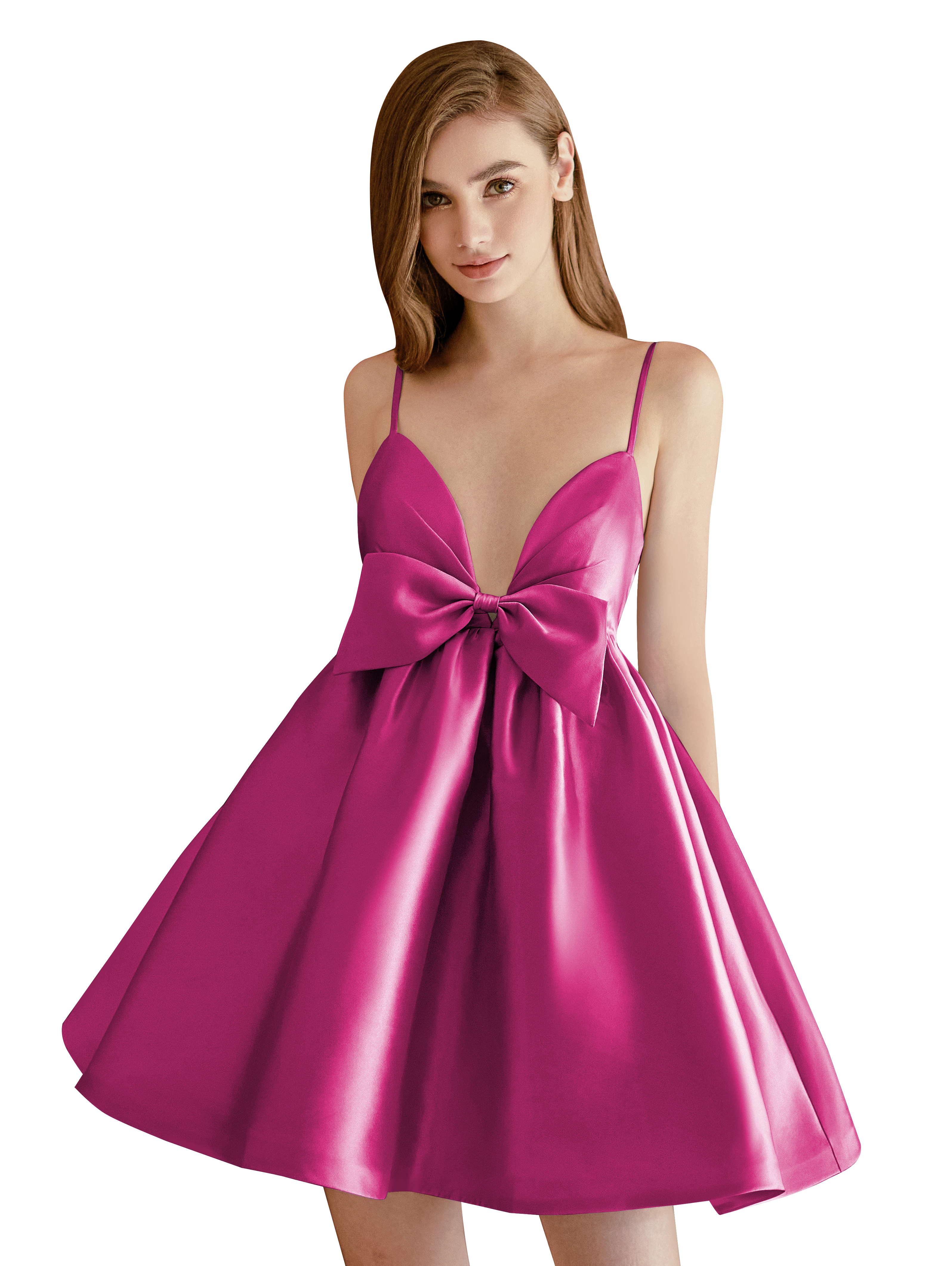 A-line V-neck Spaghetti Strap Satin Cocktail Party Homecoming Dress with Bows #HC2604024