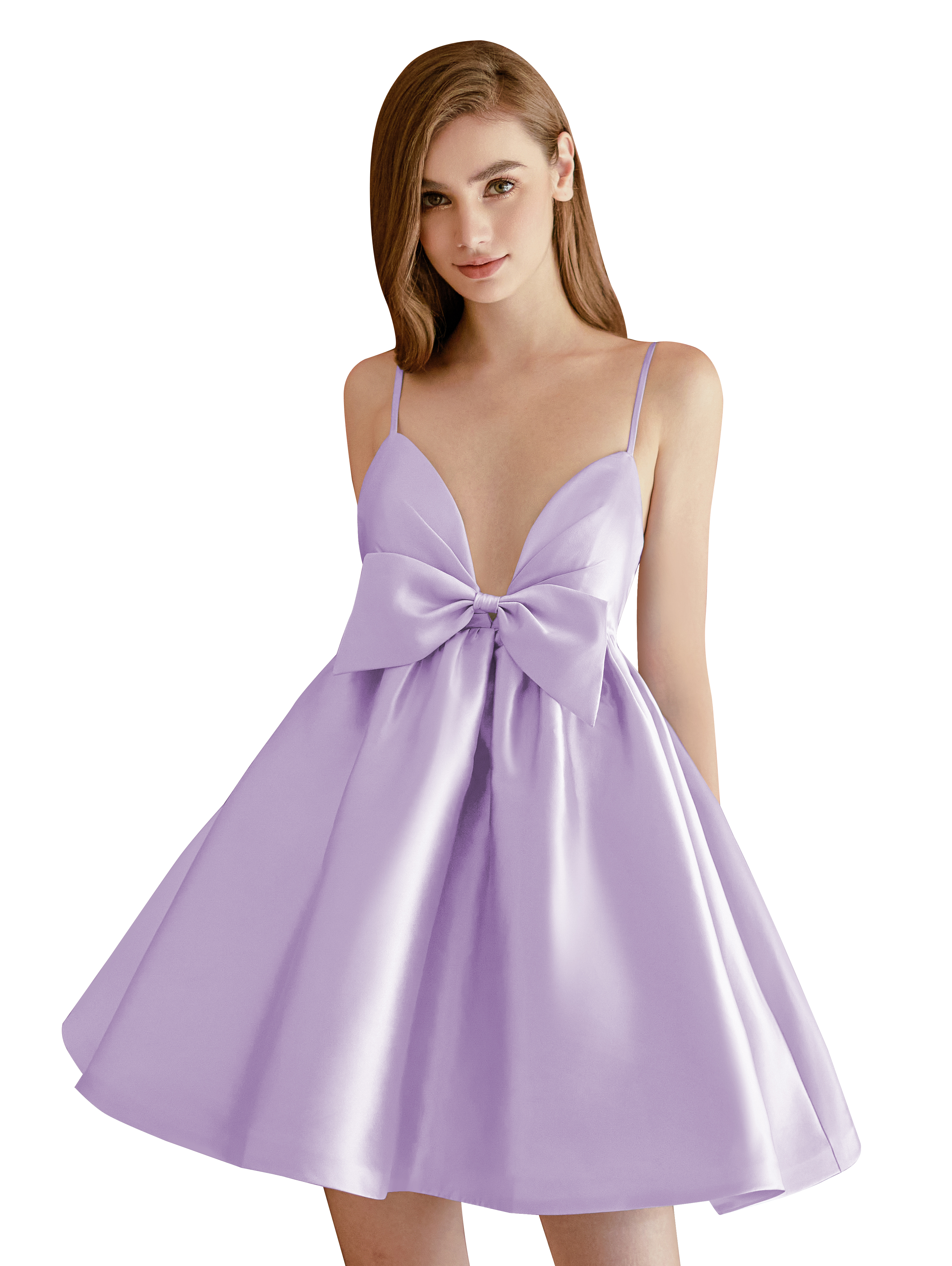 A-line V-neck Spaghetti Strap Satin Cocktail Party Homecoming Dress with Bows #HC2604024