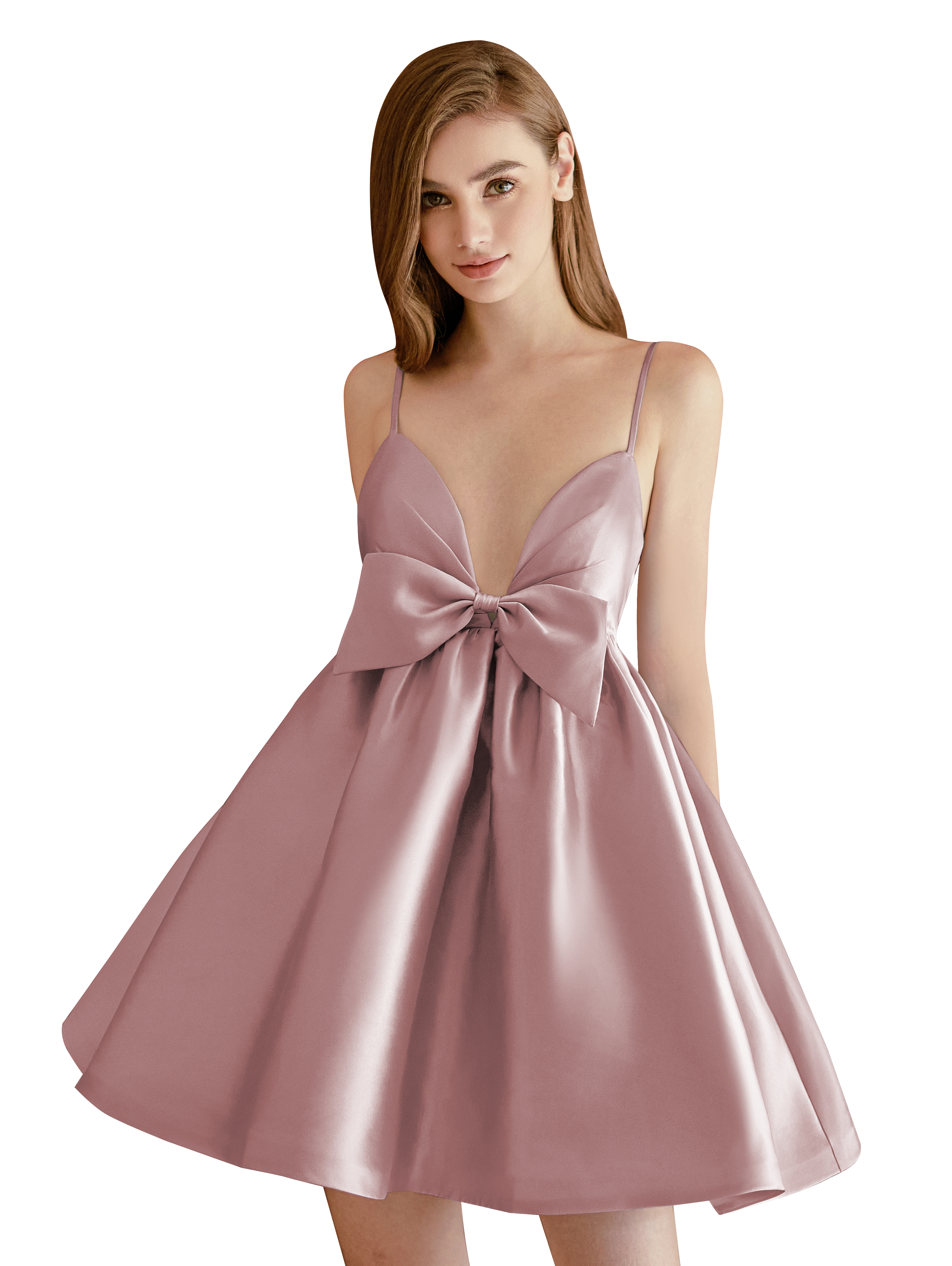 A-line V-neck Spaghetti Strap Satin Cocktail Party Homecoming Dress with Bows #HC2604024