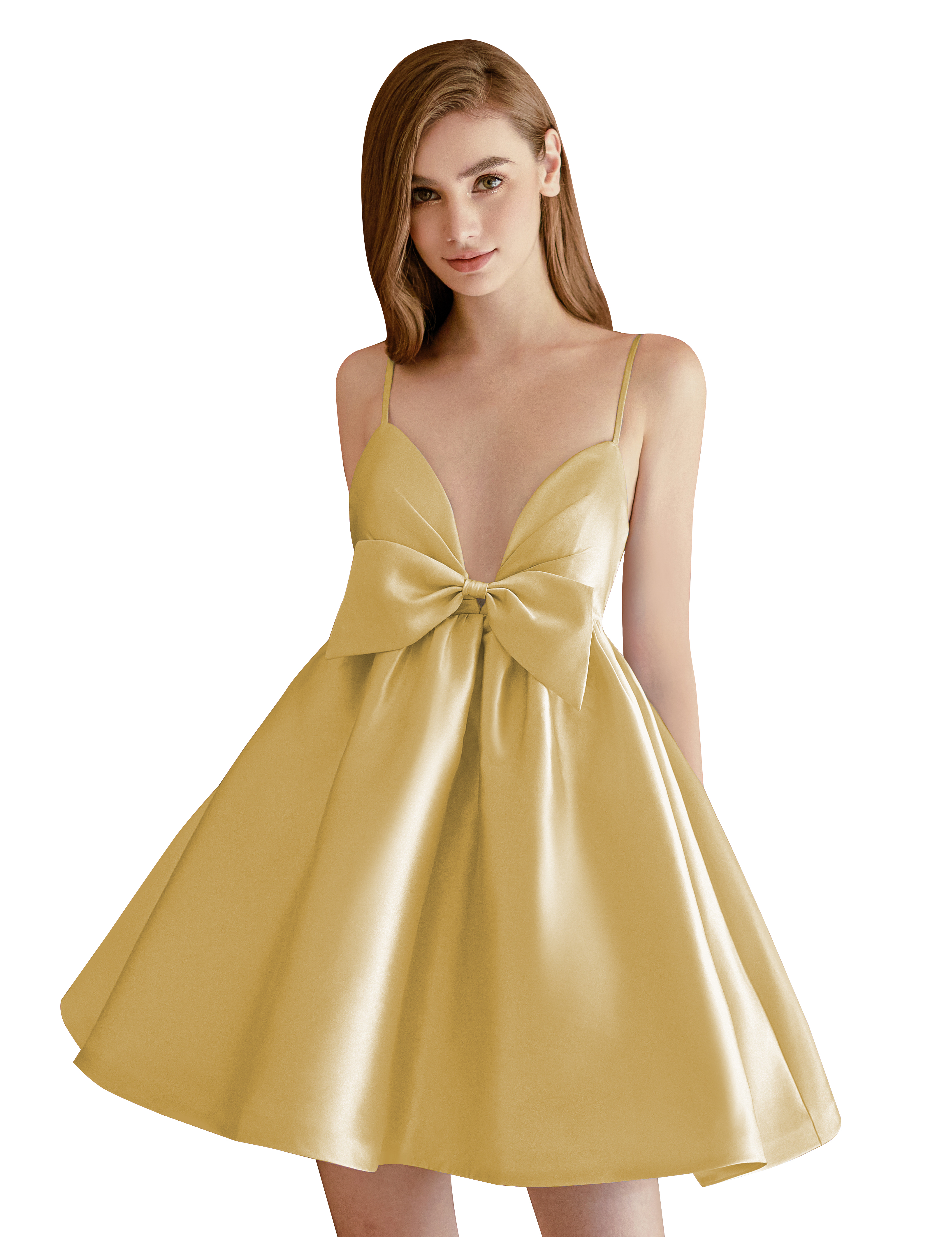 A-line V-neck Spaghetti Strap Satin Cocktail Party Homecoming Dress with Bows #HC2604024