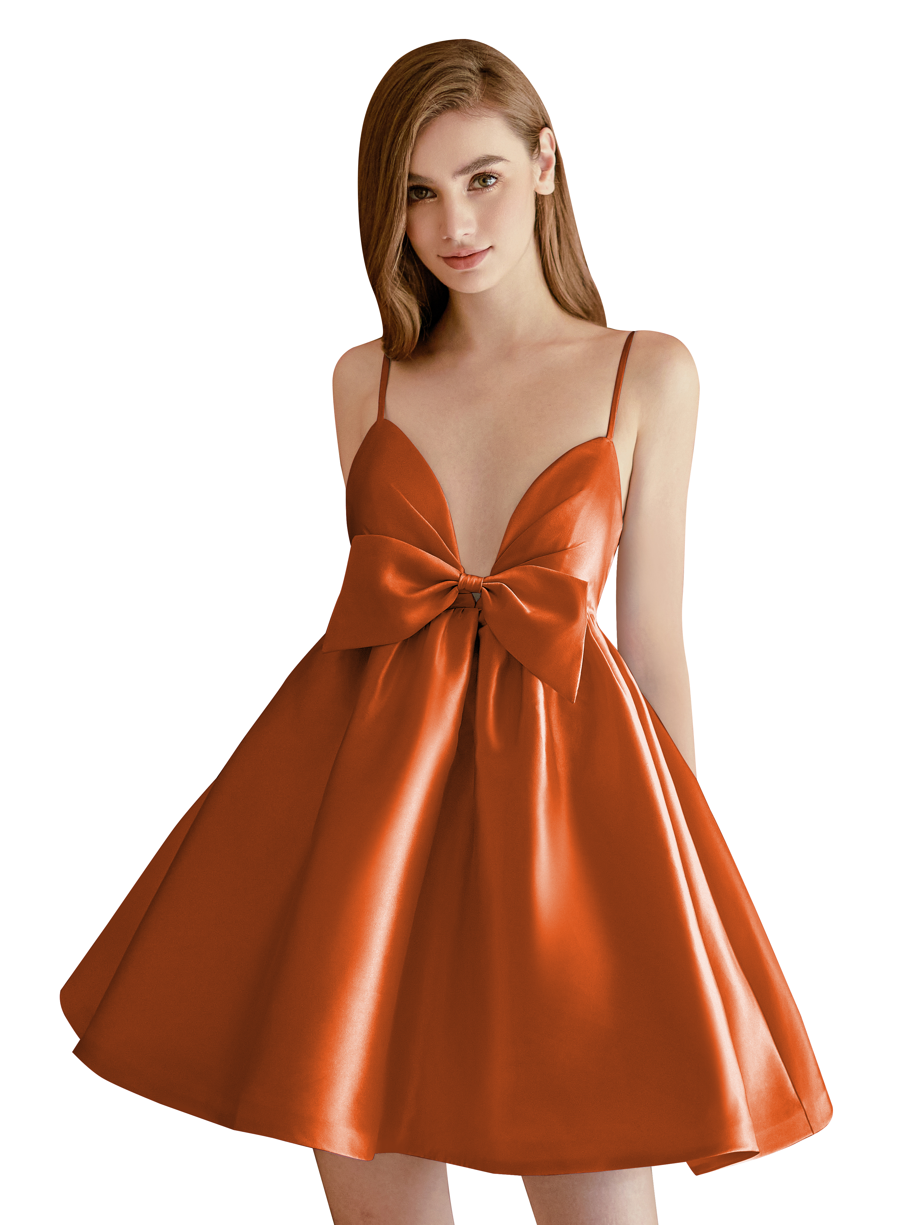 A-line V-neck Spaghetti Strap Satin Cocktail Party Homecoming Dress with Bows #HC2604024