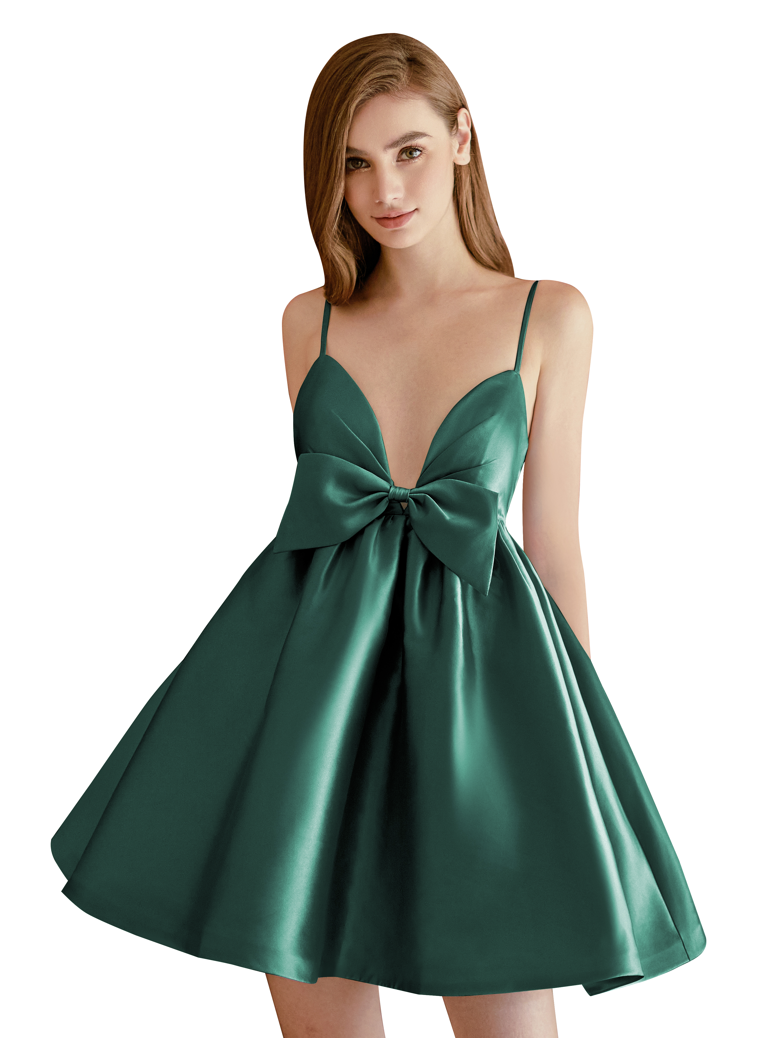 A-line V-neck Spaghetti Strap Satin Cocktail Party Homecoming Dress with Bows #HC2604024