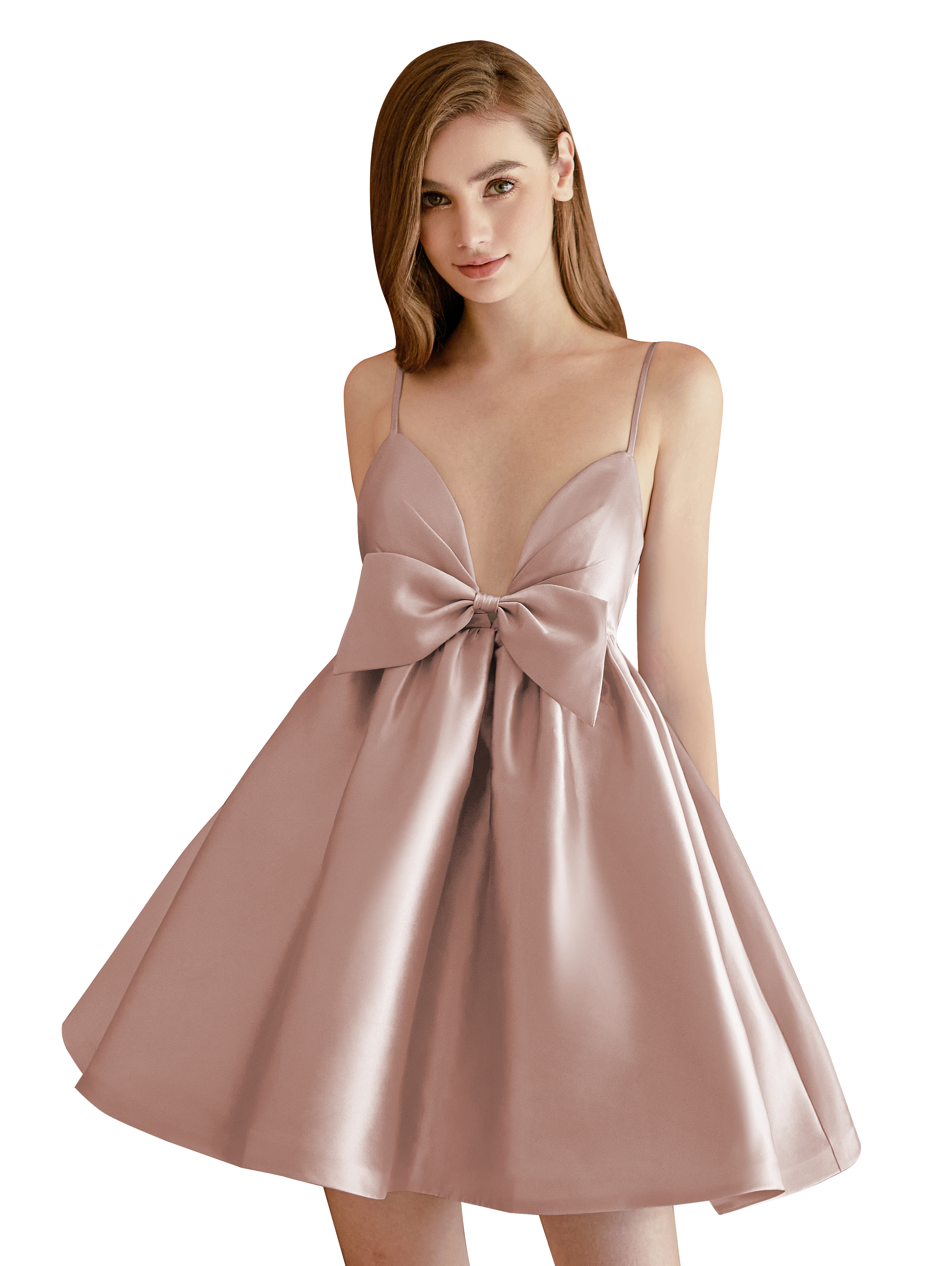 A-line V-neck Spaghetti Strap Satin Cocktail Party Homecoming Dress with Bows #HC2604024