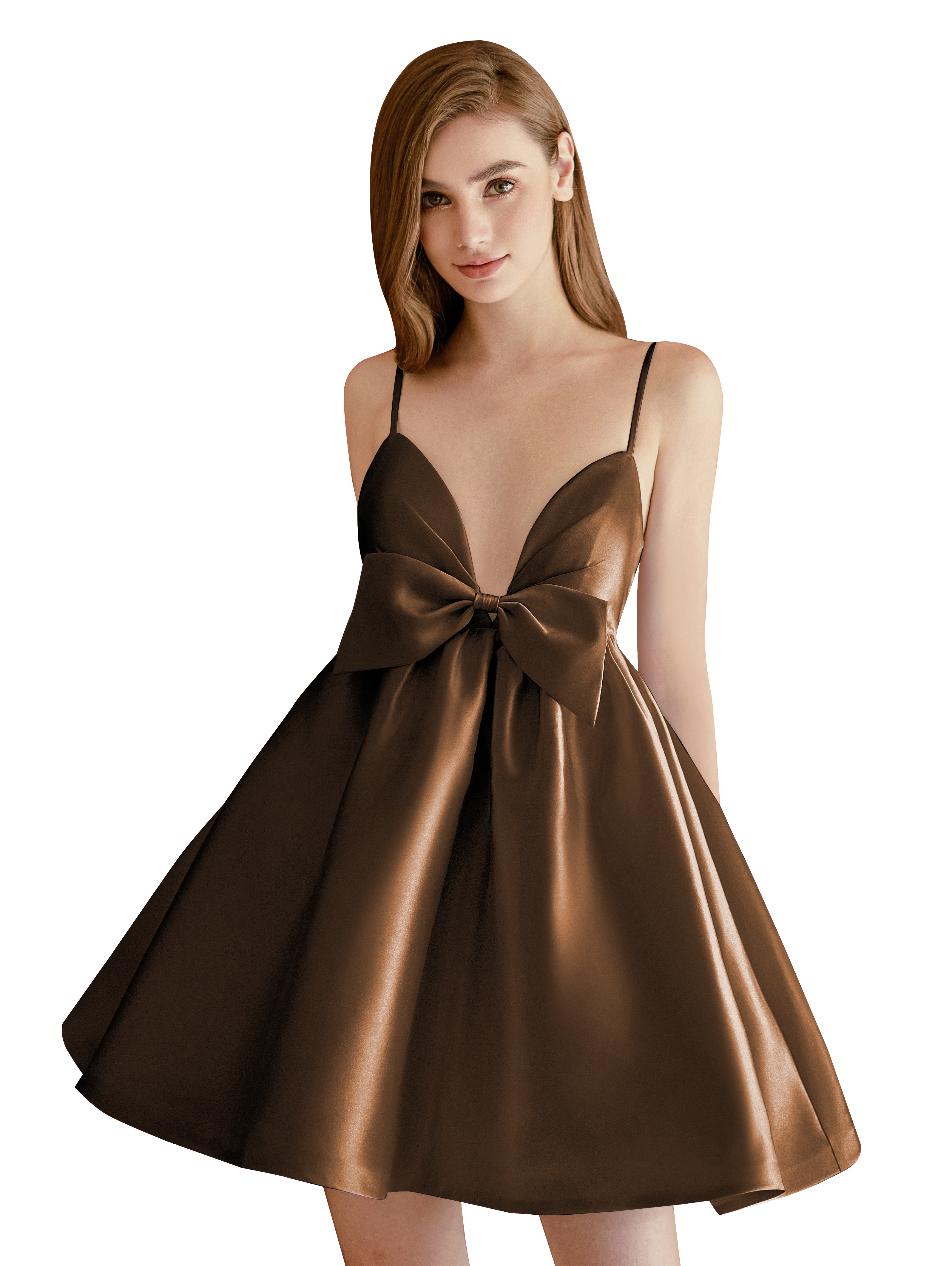 A-line V-neck Spaghetti Strap Satin Cocktail Party Homecoming Dress with Bows #HC2604024
