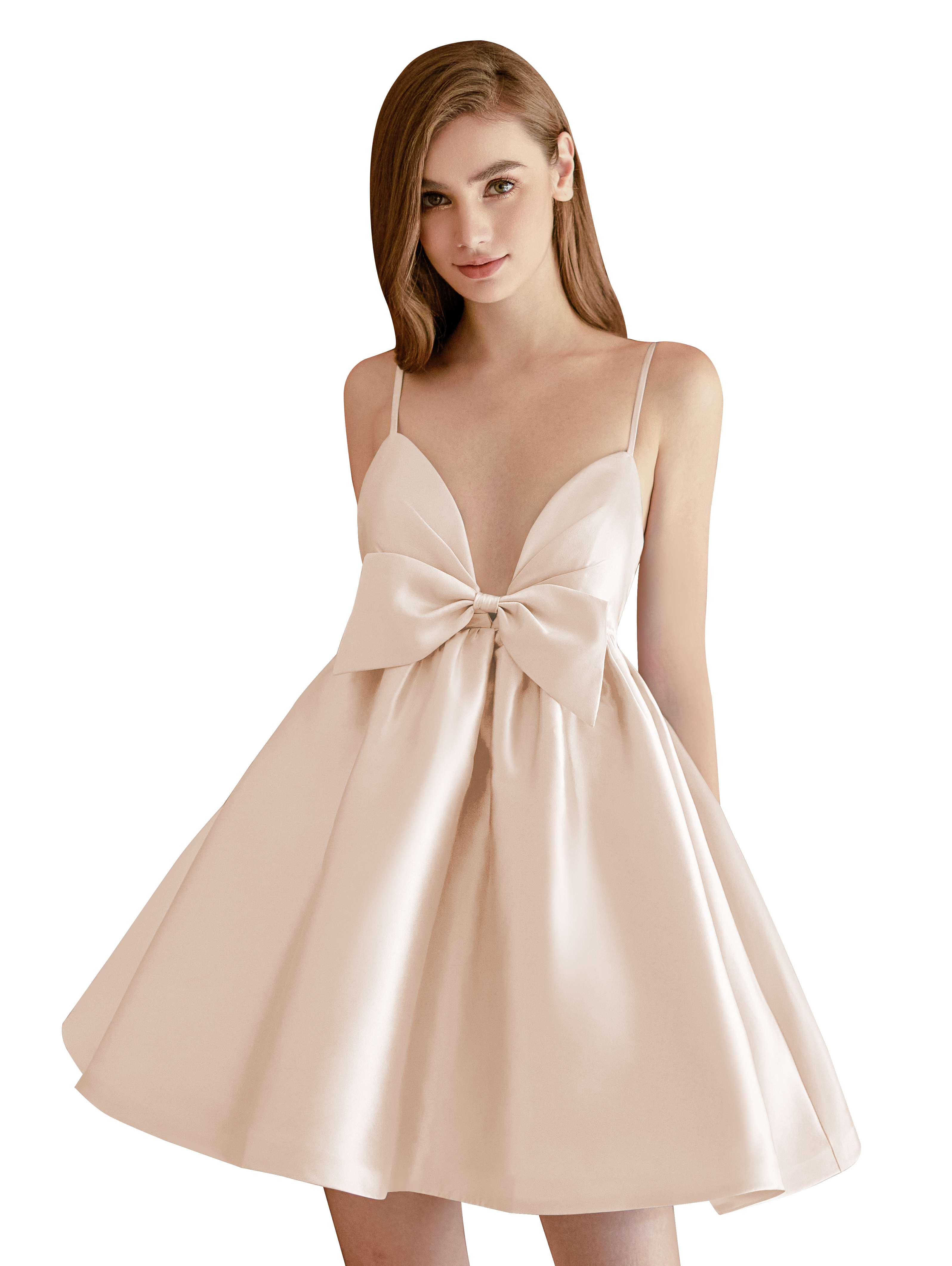 A-line V-neck Spaghetti Strap Satin Cocktail Party Homecoming Dress with Bows #HC2604024