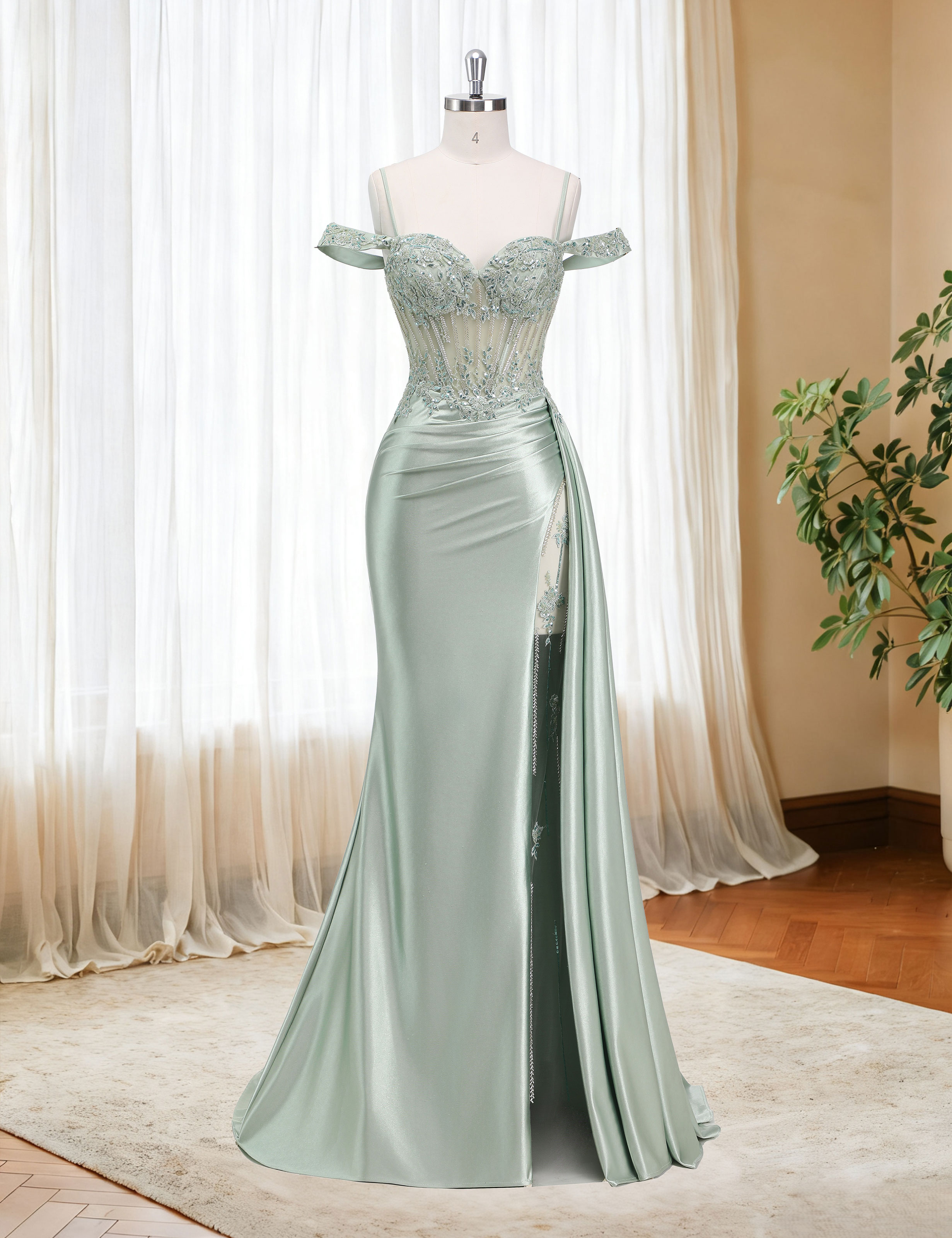 Mermaid Off Shoulder Beaded Sequin Appliques Satin Slit Prom Dress #PR2510009