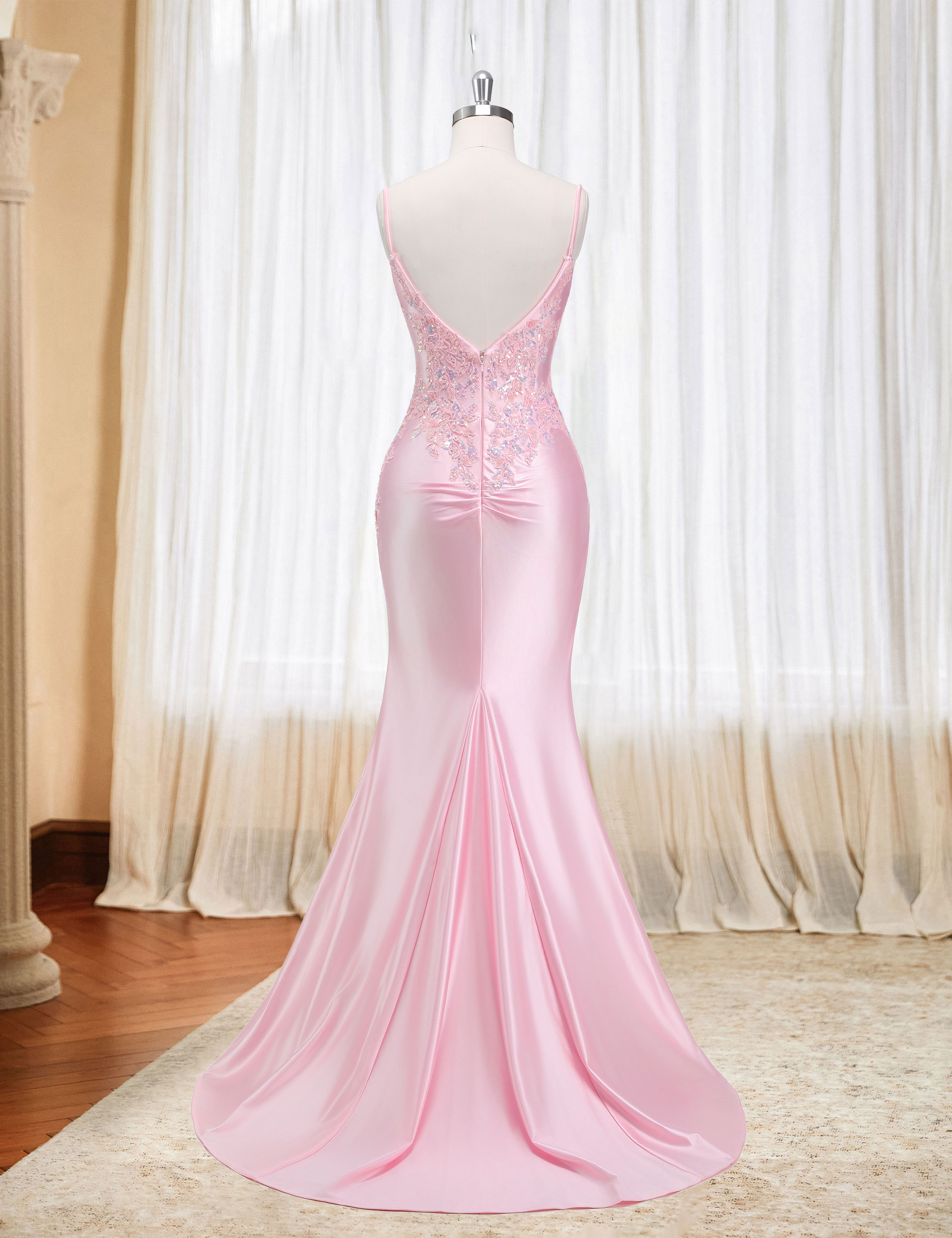 Mermaid V-neck Spaghetti Straps Beaded Lace Appliques Prom Dress #PR2510012