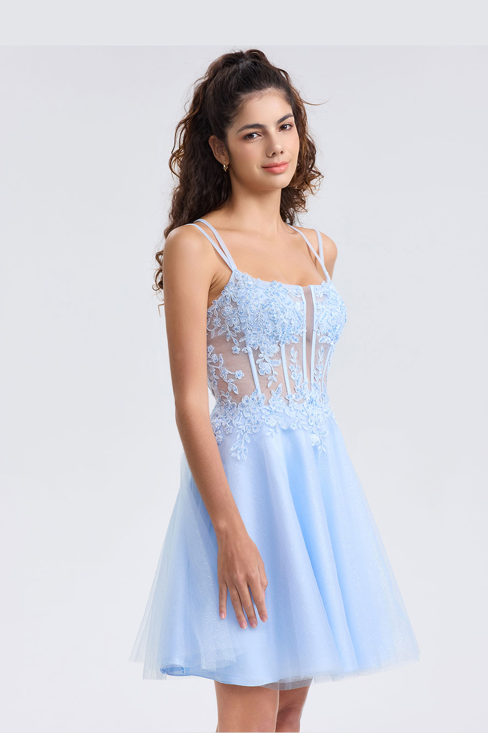 A-line Spaghetti Strap Tulle Lace Appliques Cocktail Homecoming Dress #HC2402129