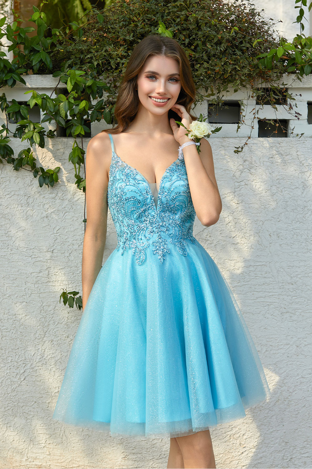 A-line V-neck Spaghetti Strap Sparkly Beaded Tulle Homecoming Dress #HC2401940
