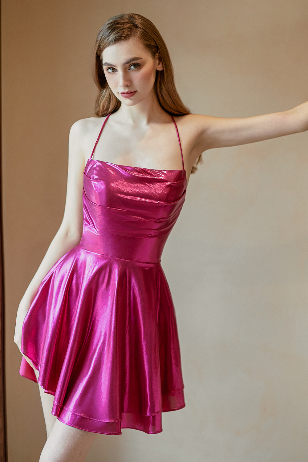 A-line Satin Square Neck Ruffled Backless Crisscross Cocktail Party Homecoming Dress #HC2604025