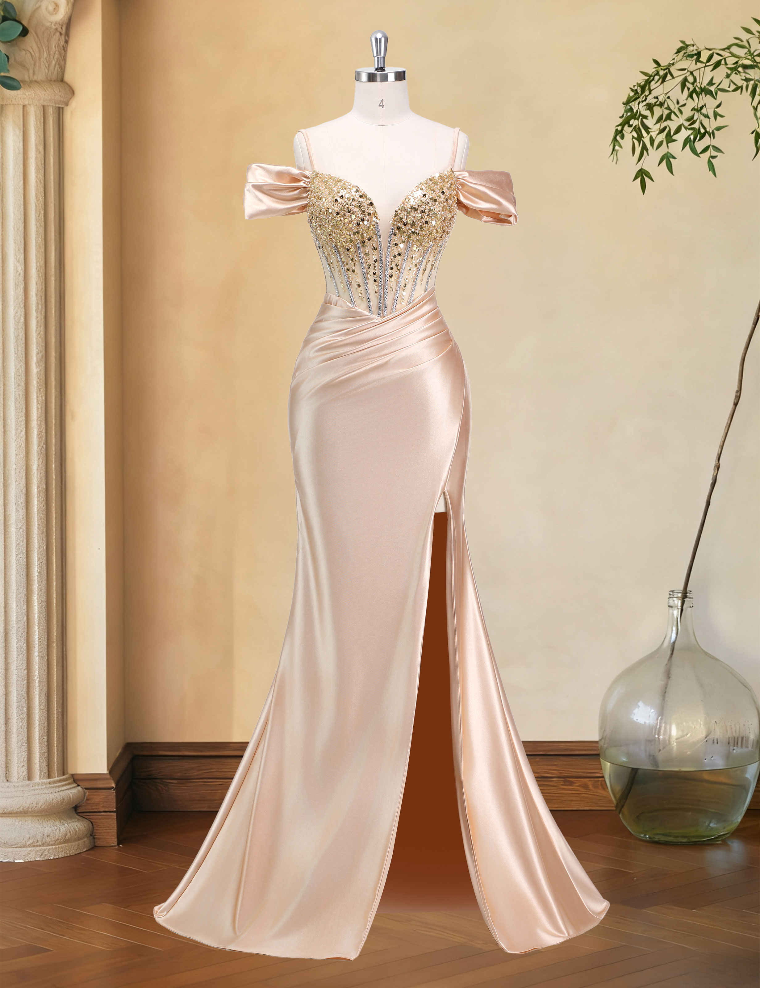 Mermaid V-neck Off Shoulder Beaded Sequin Satin Slit Prom Dress #PR2510014