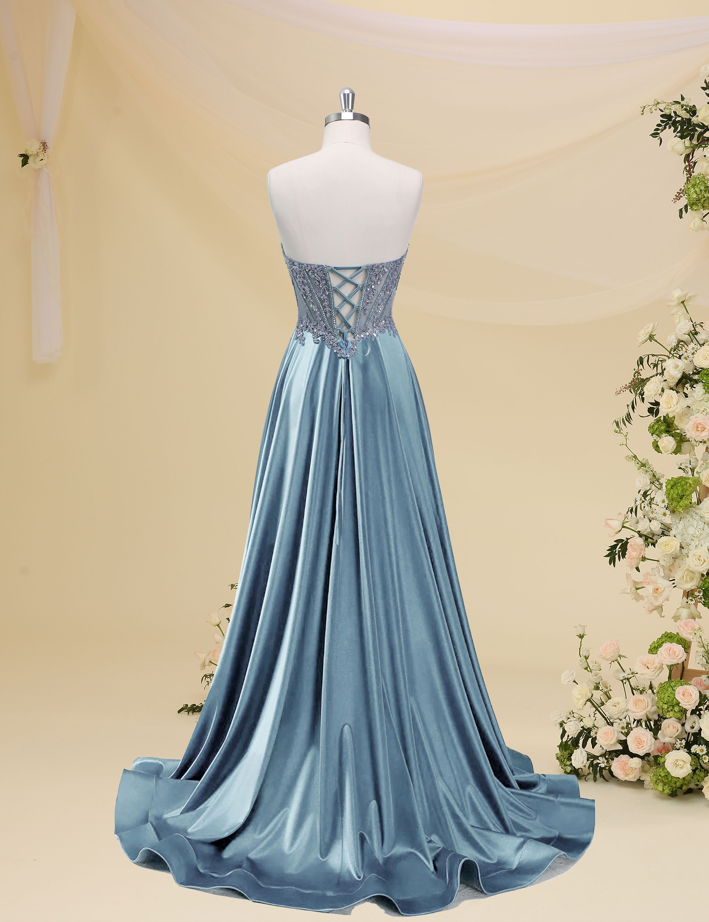 Mermaid Spaghetti Straps Satin Beaded Sequin Pleated Slit Prom Dress #PR2510011