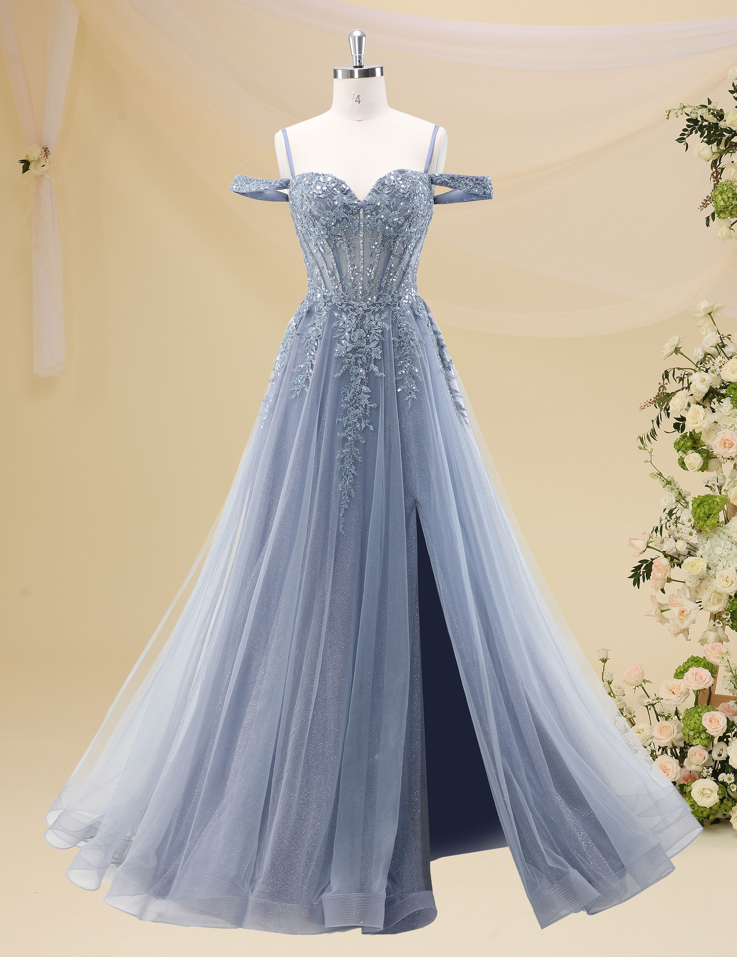 A-line Sweetheart Off Shoulder Corset Lace Appliques Sparkly Tulle Prom Dress #PR2511040