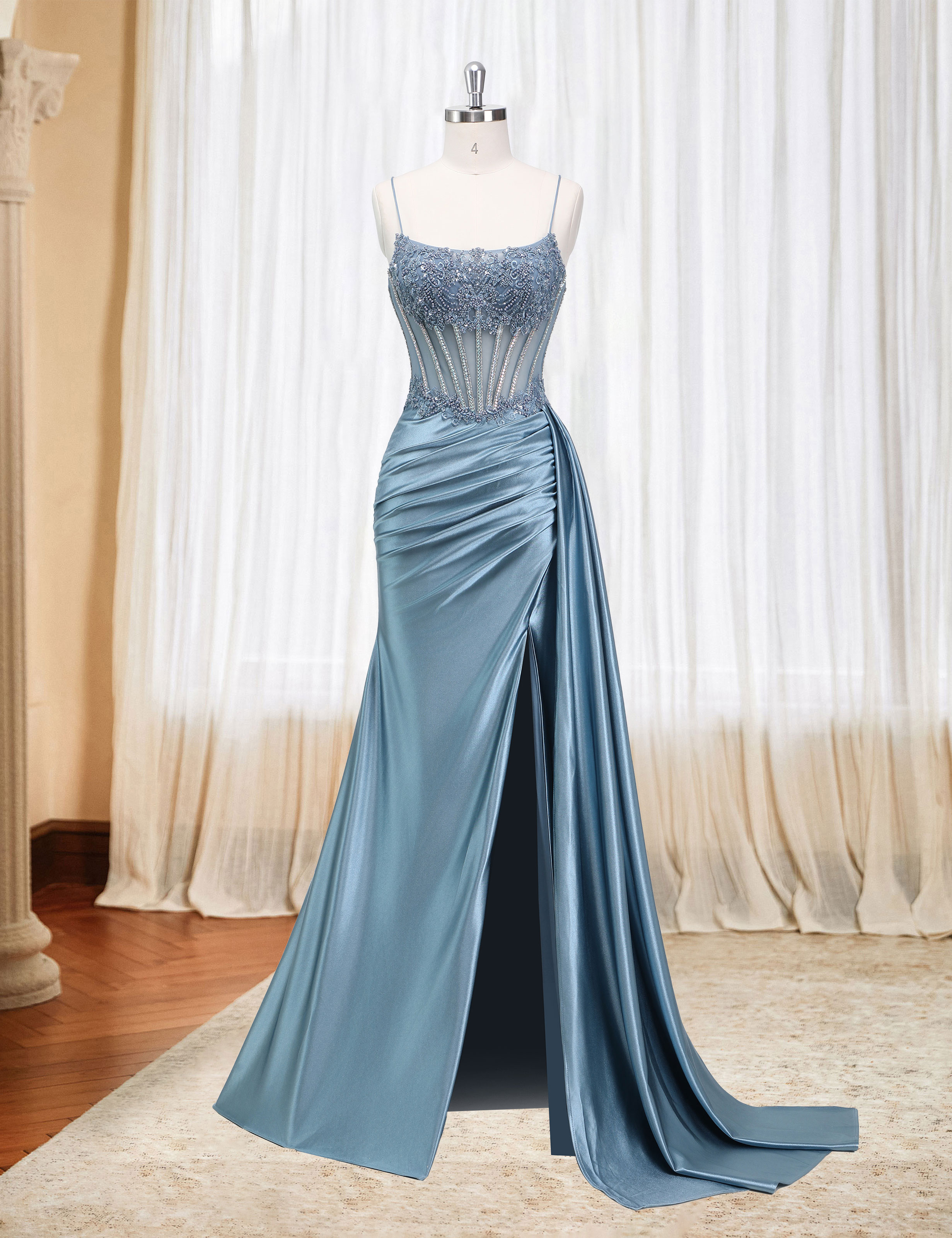 Mermaid Spaghetti Straps Pleated Satin Beaded Slit Prom Dress #PR2510011