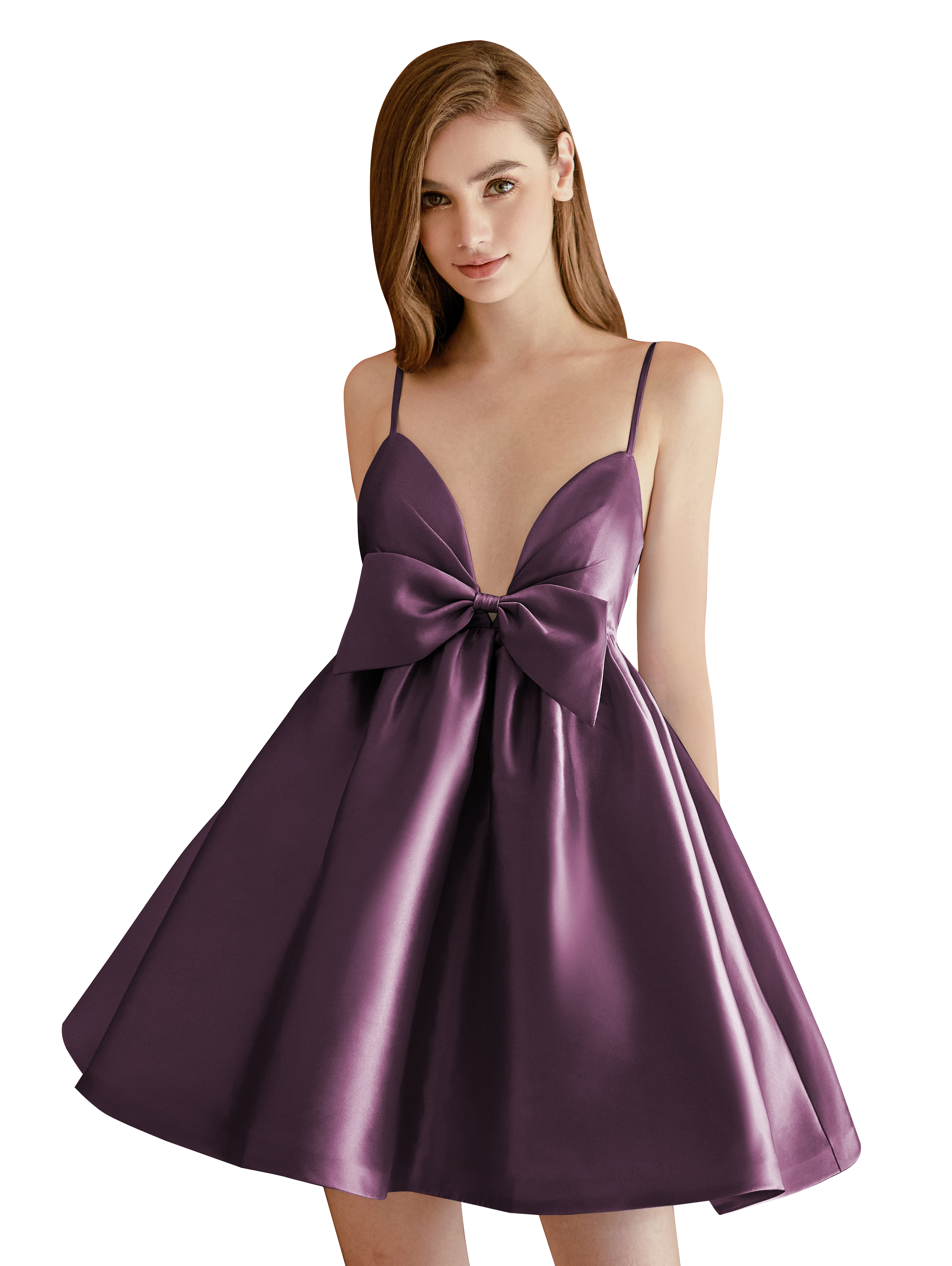 A-line V-neck Spaghetti Strap Satin Cocktail Party Homecoming Dress with Bows #HC2604024