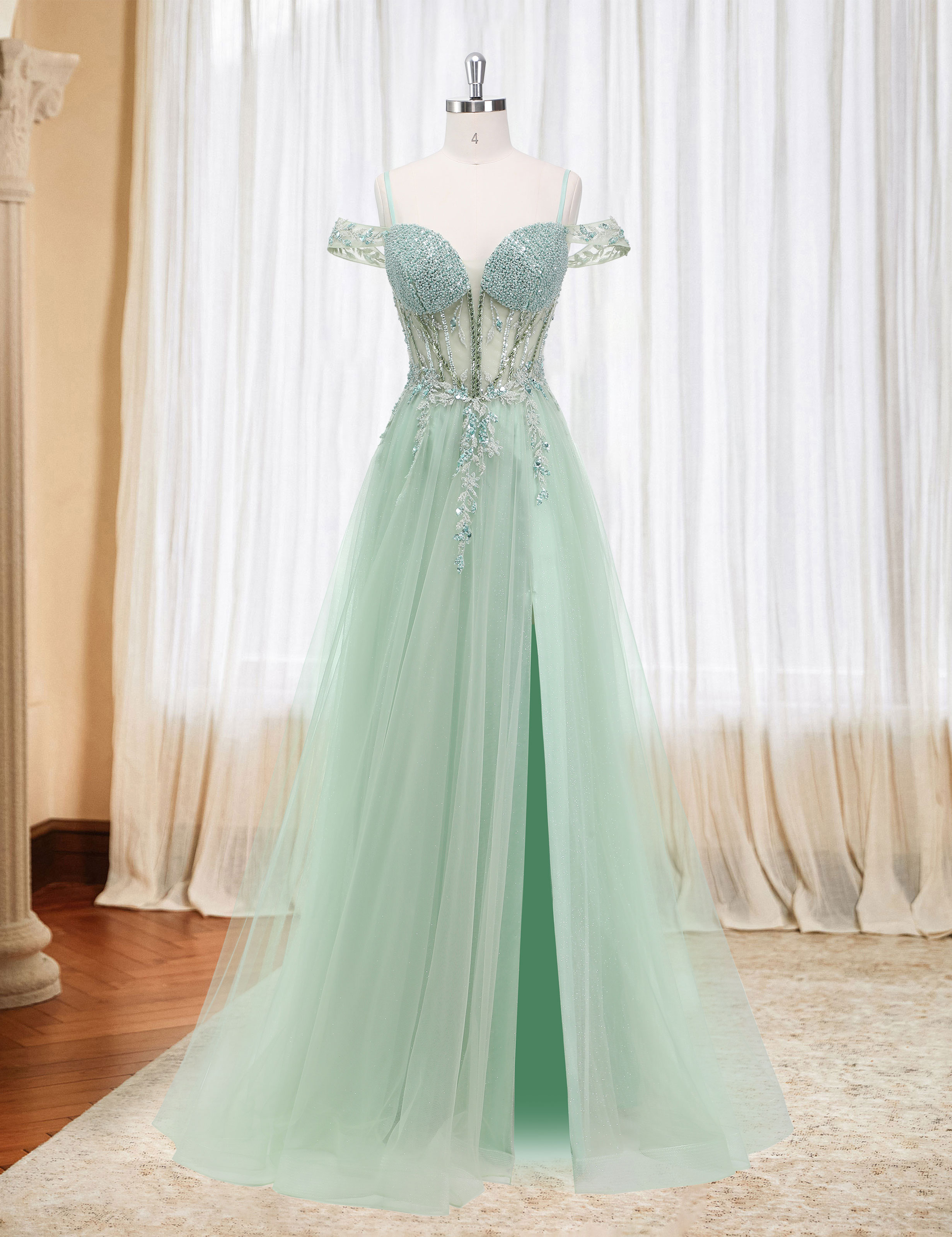 A-line Sweetheart Beaded Sparkly Tulle Lace Appliques Prom Dress #PR2510005