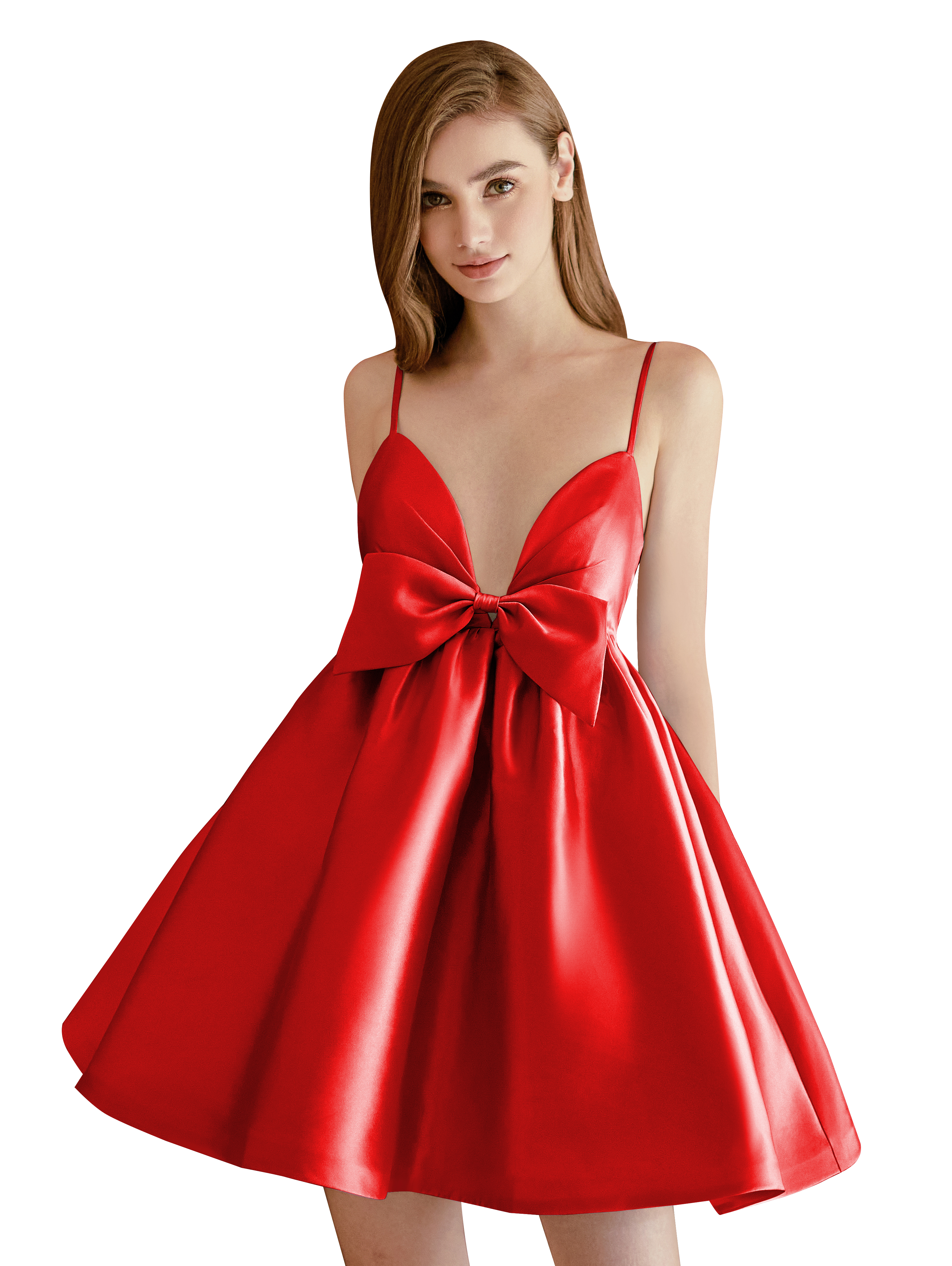 A-line V-neck Spaghetti Strap Satin Cocktail Party Homecoming Dress with Bows #HC2604024
