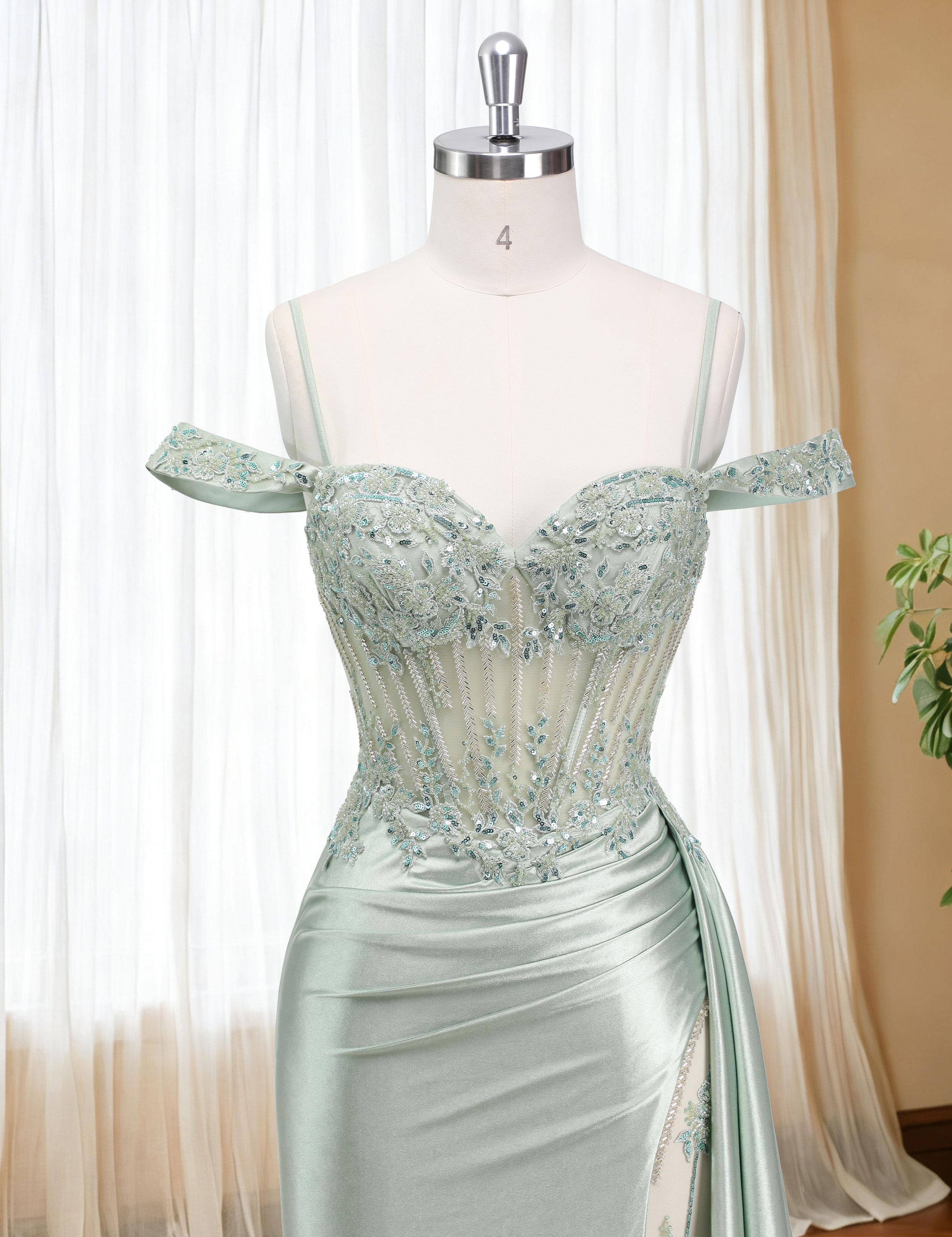 Mermaid Off Shoulder Beaded Sequin Appliques Satin Slit Prom Dress #PR2510009