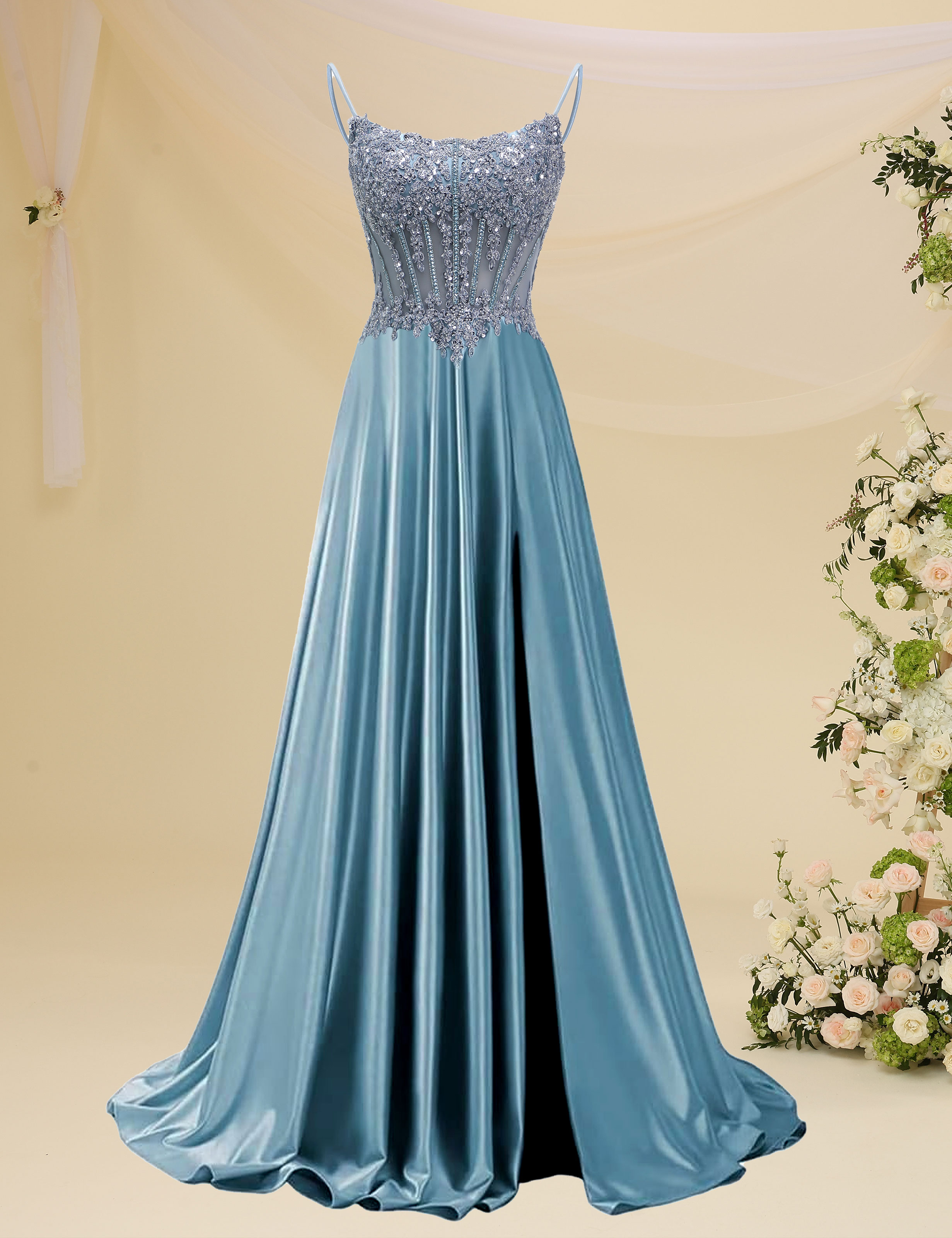 Mermaid Spaghetti Straps Satin Beaded Sequin Pleated Slit Prom Dress #PR2510011