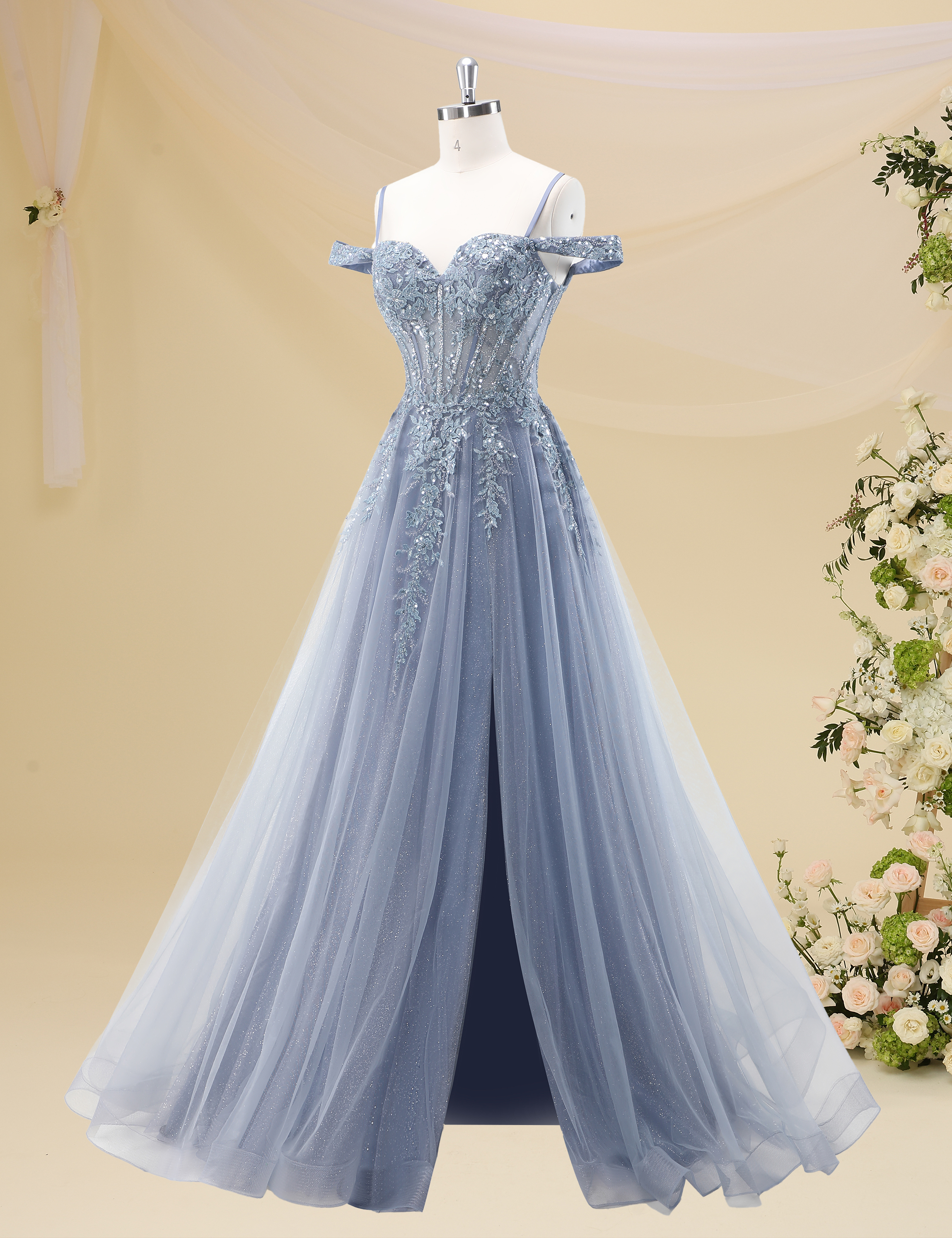 A-line Sweetheart Off Shoulder Corset Lace Appliques Sparkly Tulle Prom Dress #PR2511040