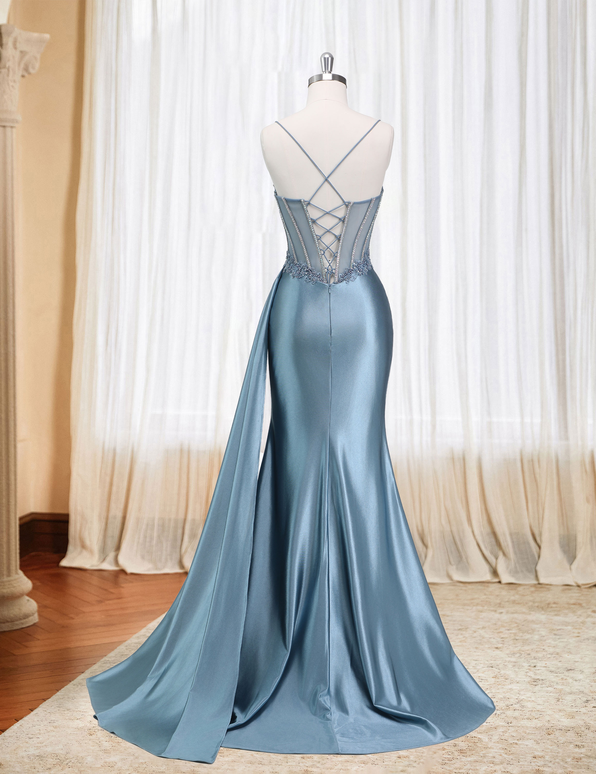 Mermaid Spaghetti Straps Pleated Satin Beaded Slit Prom Dress #PR2510011