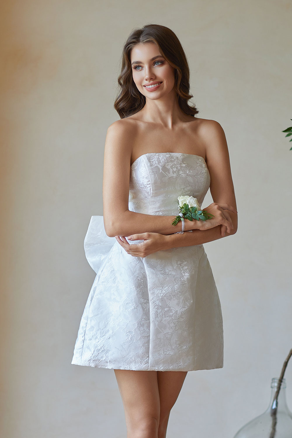 Jacquard Satin Mini Short Party Cocktail Prom Homecoming Dress with Bow Back #HC2401770