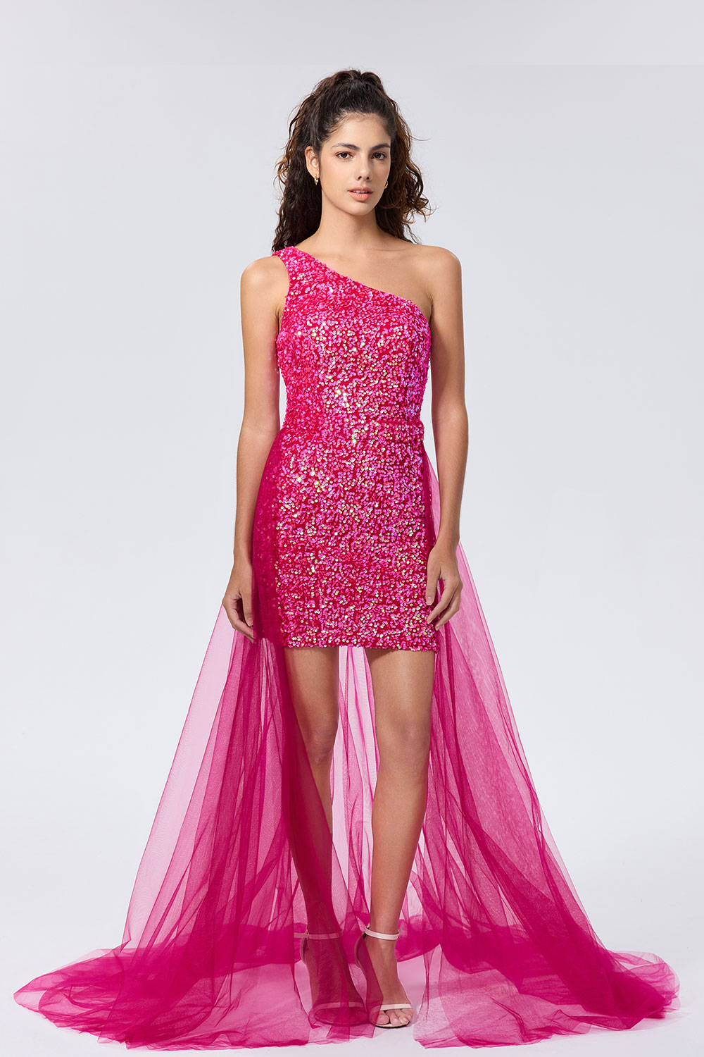 Sparkly One Shoulder Sequin Detachable Waist Cape Homecoming Dress #HC2402126