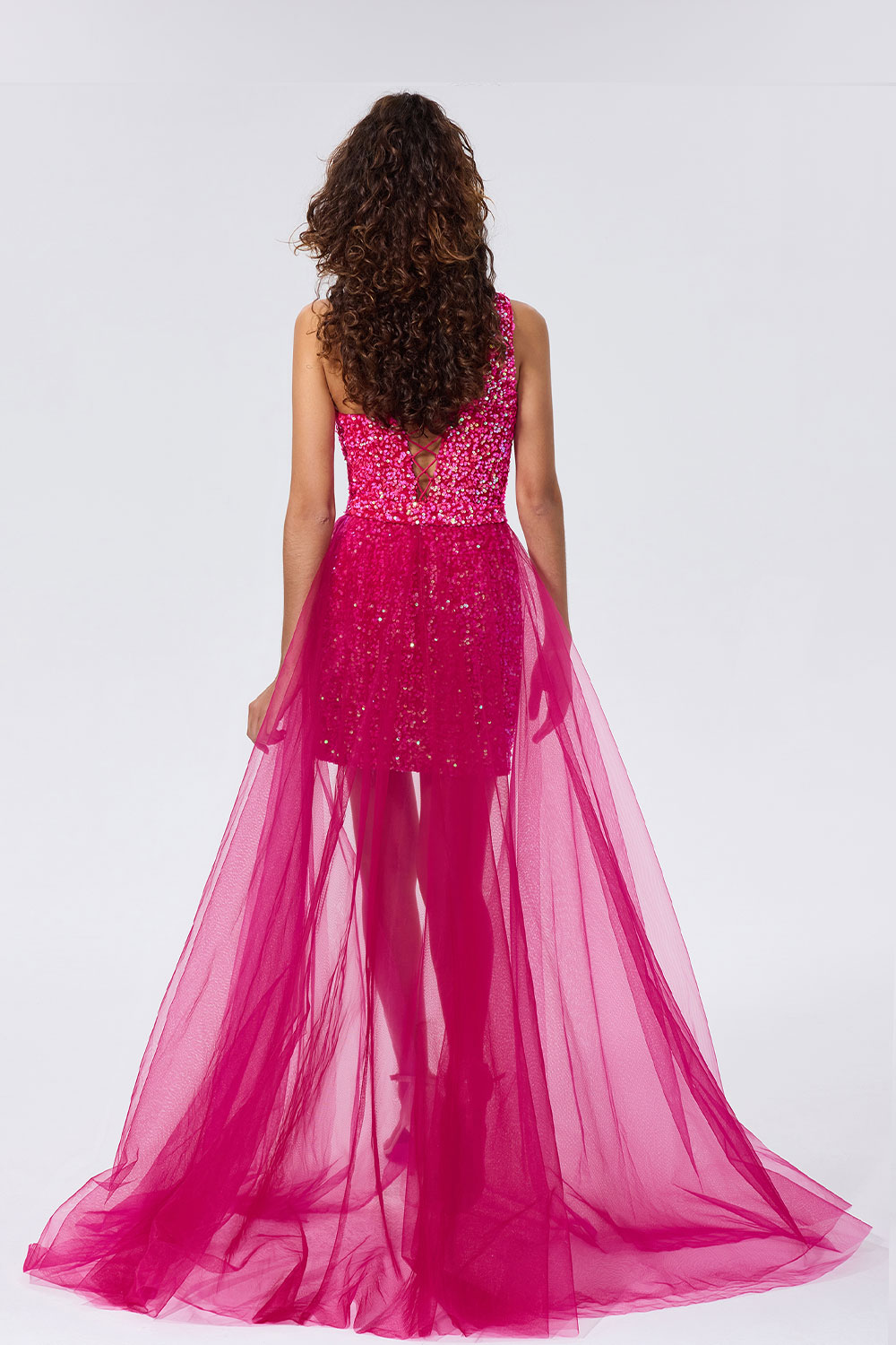 Sparkly One Shoulder Sequin Detachable Waist Cape Homecoming Dress #HC2402126