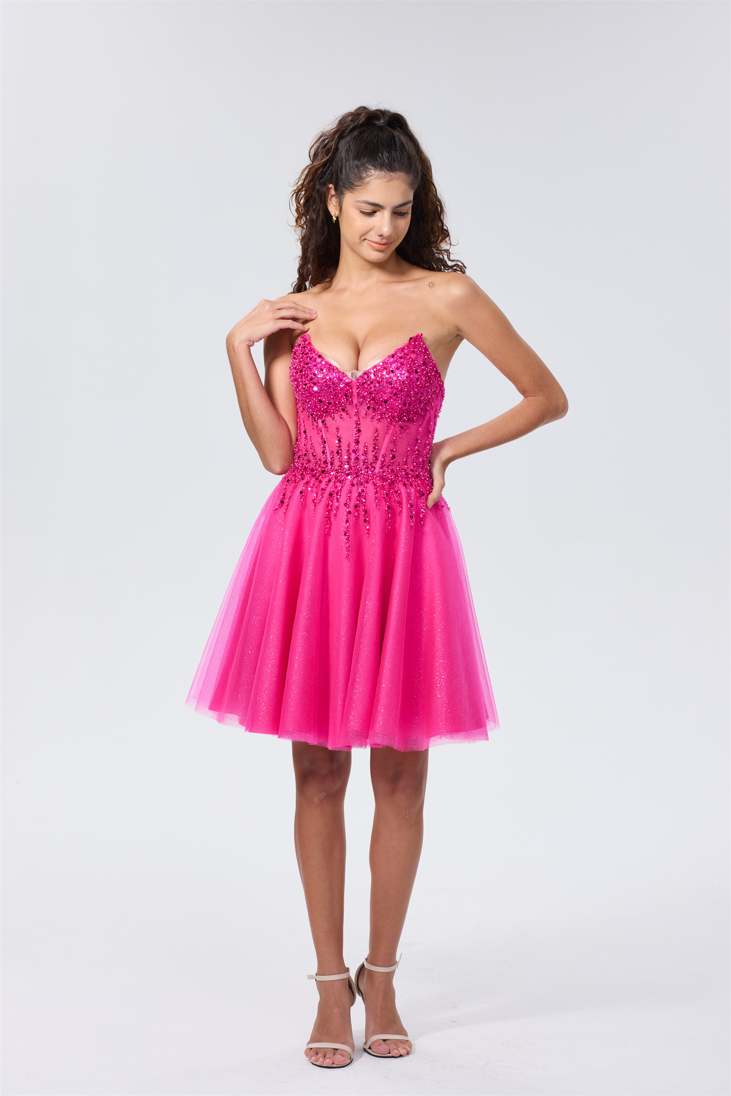 Sparkly A-line V-Neck Tulle Strapless Beaded Homecoming Dress #HC2402127